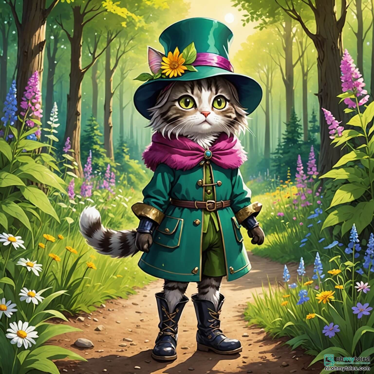 Une illustration destinée aux enfants représentant un chat élégant à la fourrure soyeuse et aux yeux malicieux, vêtu de bottes brillantes et d'un chapeau à plumes colorées, se tenant fièrement sur un chemin de terre bordé de fleurs sauvages éclatantes et de grands arbres aux feuilles vertes scintillantes sous le soleil, tandis qu'il s'apprête à aider une jeune fille au cœur pur, perdue dans une forêt enchantée où les ruisseaux murmurent des secrets et les oiseaux chantent des mélodies envoûtantes, tout en étant observé par un vieux sage, un hibou aux plumes argentées, perché sur une branche noueuse, prêt à offrir ses conseils avisés dans cette aventure pleine de magie et de rebondissements.