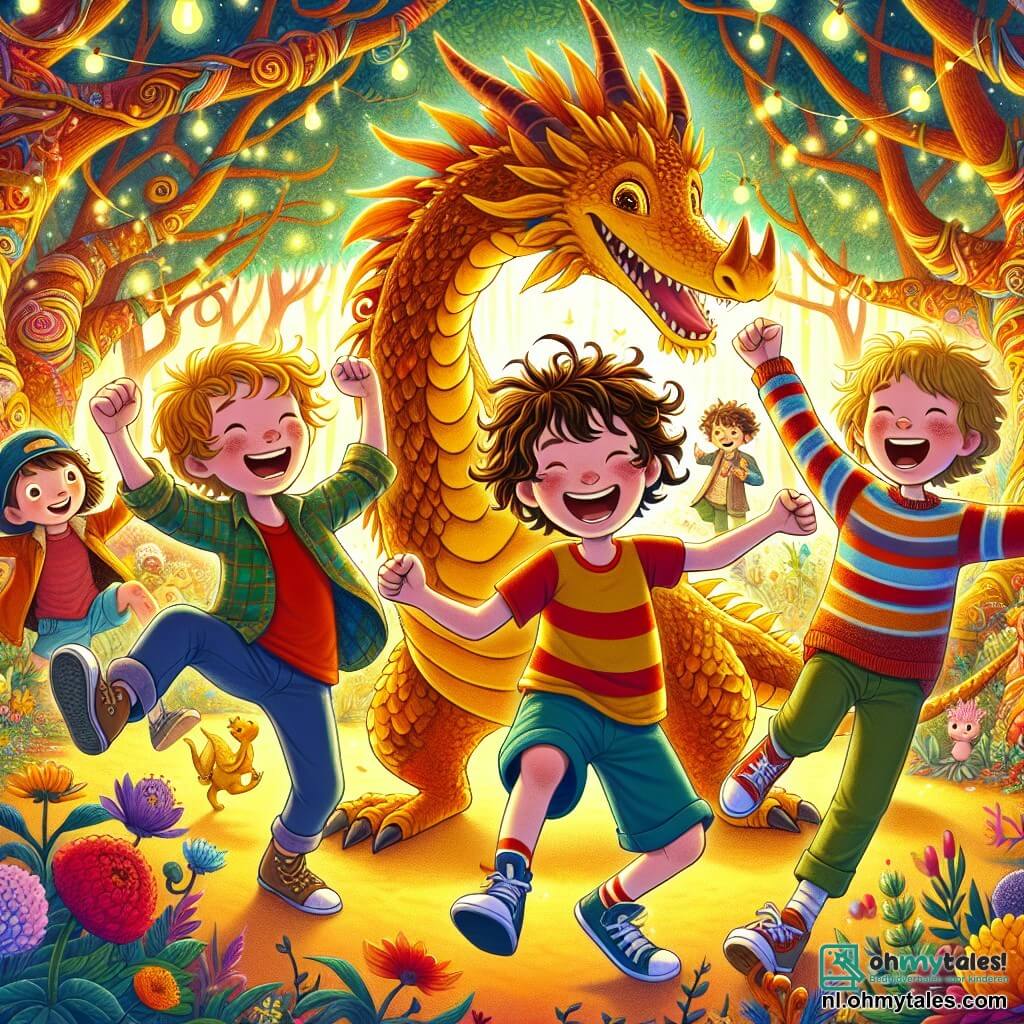 Illustratie van een magische scène in een betoverd bos, waar bomen met kromme stammen en kleurrijke bladeren schitteren onder een zonnige lucht. In het midden danst een groep van drie jongens van ongeveer acht jaar, allemaal lachend en vol energie, vrolijk om een grote draak met gouden schubben die hen lachend aankijkt. De eerste jongen, met bruin krullend haar, draagt een rode t-shirt en een blauwe short, terwijl de tweede jongen, met blond steil haar, gekleed is in een gestreepte shirt en groene broeken. De derde jongen, met bruin rommelig haar, draagt een oranje trui en sneakers. De draak, met grote sprankelende ogen en een brede glimlach, staat op zijn achterpoten en danst met hen mee. Op de achtergrond dansen kleurrijke bloemen op de muziek, en kleine dieren, zoals een konijn met een pannenkoekhoed, voegen zich bij het feest. De sfeer is vrolijk en vol magie, die de geest van avontuur en vriendschap van het verhaal vastlegt.