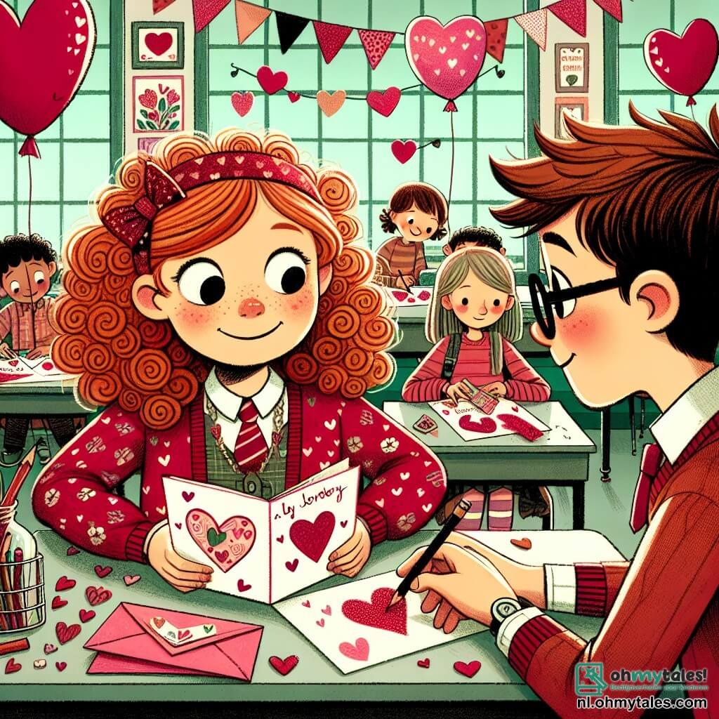 Une illustration sous forme de dessin destinée aux enfants représentant une salle de classe colorée décorée de cœurs et de ballons pour la Saint-Valentin, avec une fille de 11 ans aux cheveux roux et bouclés, assise à son bureau, tenant un mystérieux enveloppe décorée de petits cœurs, tandis qu'un garçon aux cheveux bruns et portant des lunettes, curieux et souriant, se penche vers elle pour l'écouter, alors qu'ils discutent d'un secret romantique qui les entoure, avec des camarades de classe en arrière-plan, occupés à créer des cartes de Saint-Valentin.