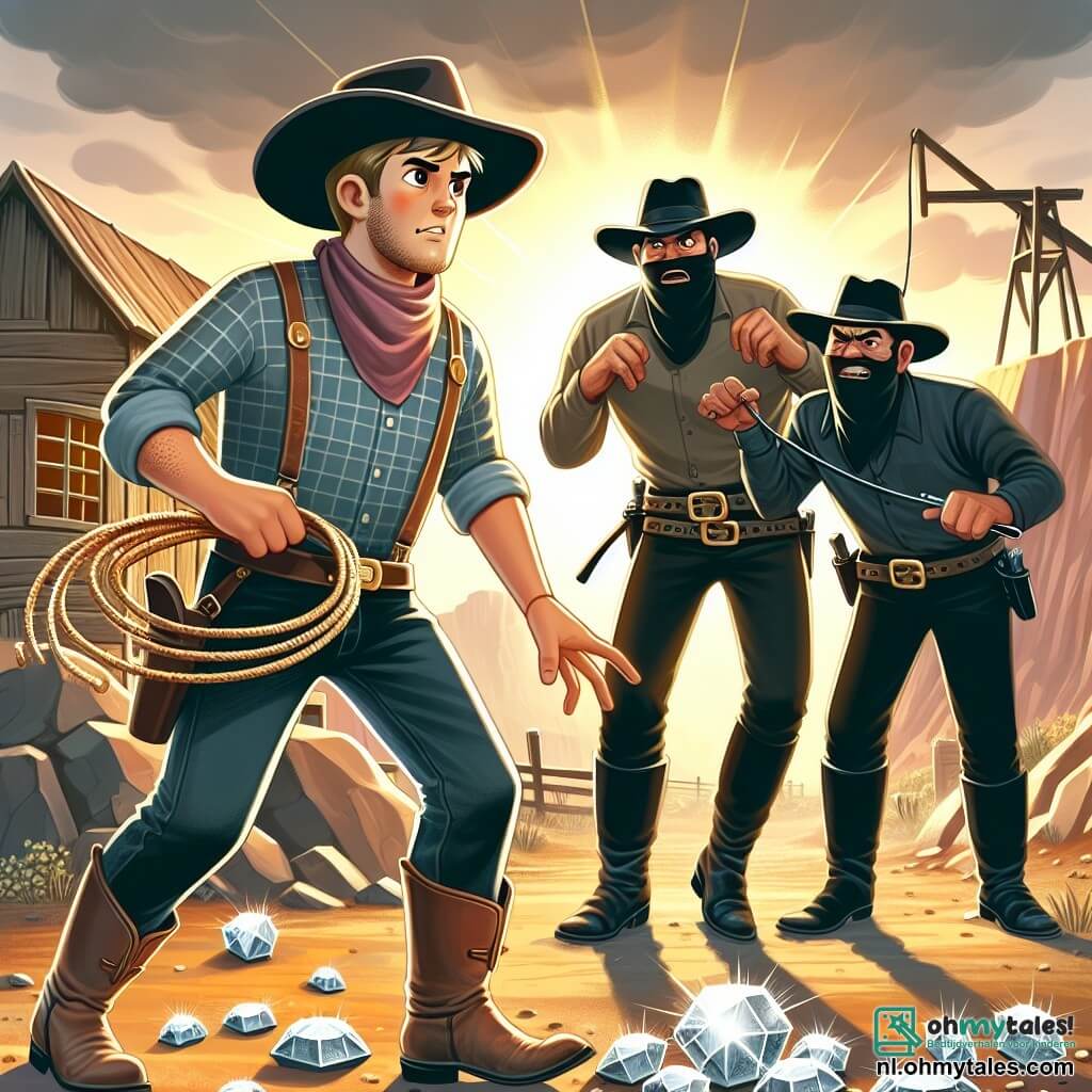 Une illustration sous forme de dessin destinée aux enfants représentant une ancienne mine au cœur du Far West, avec un homme courageux portant un chapeau de cowboy, une chemise à carreaux et des bottes en cuir, tenant une lasso et faisant face à trois bandits menaçants, dont l'un est grand et musclé avec une barbe, tandis que les autres sont plus petits et portent des chapeaux noirs, tous en train de tenter de s'emparer des pierres précieuses brillantes que les deux jeunes cowboys ont découvertes, le soleil couchant projetant des ombres longues et dorées sur le sol poussiéreux.