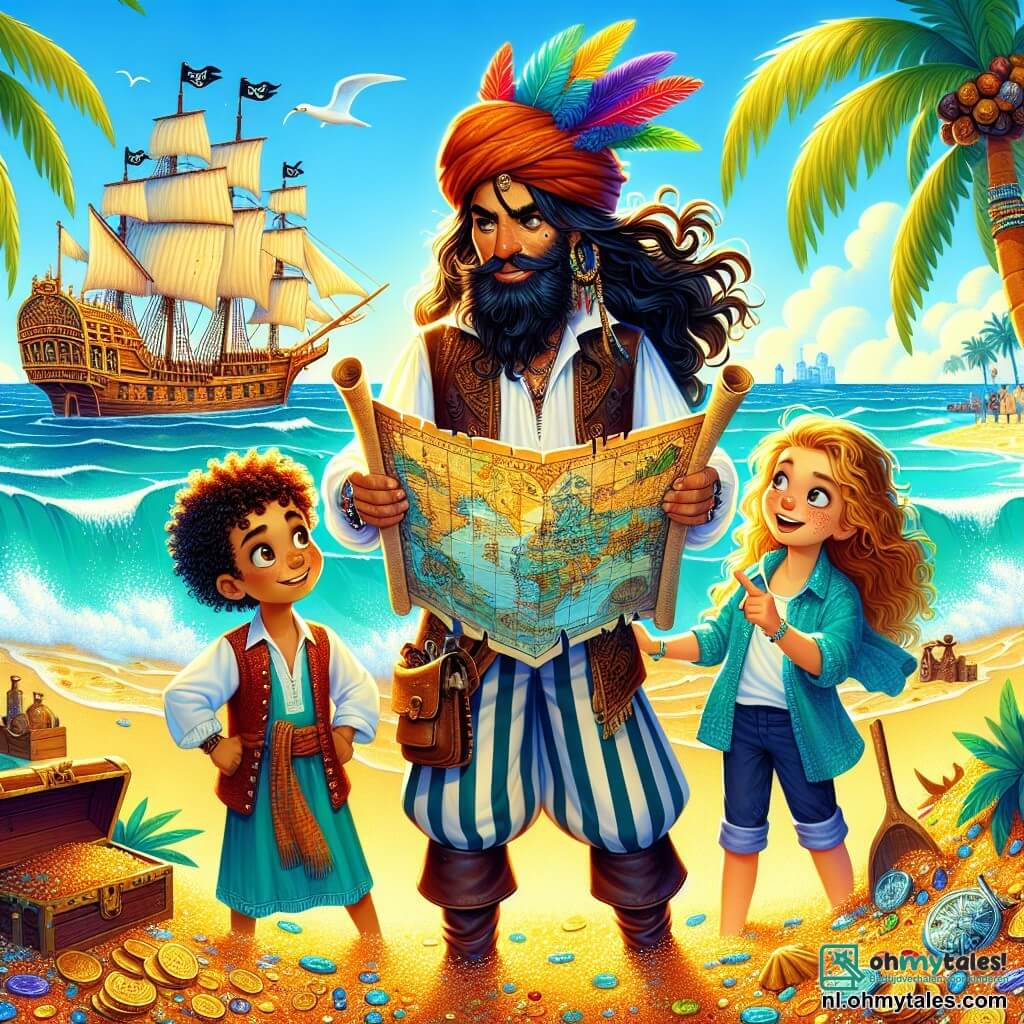 Illustratie van een levendige scène op een zonnig strand, met palmbomen die zachtjes in de wind wiegen en turquoise golven die op het gouden zand breken. In het midden van de afbeelding staat een man met een verweerd gezicht, een lange zwarte baard en een piratenhoed versierd met kleurrijke veren, die een oude schatkaart in zijn handen houdt. Hij draagt een losse witte blouse, een leren vest en gestreepte broek, en zijn blik is vastberaden, vol avontuur. Naast hem staan twee nevenpersonages: een jong meisje van ongeveer 10 jaar met krullend haar en sprankelende ogen, die nieuwsgierig naar de kaart kijkt, en een jongen van ongeveer 12 jaar met blond haar en sproeten, die enthousiast naar een richting op de kaart wijst. De hoofdscène toont de groep die klaar is voor avontuur, omringd door glinsterende schatten zoals gouden munten en juwelen die over het zand verspreid liggen. Op de achtergrond ligt het oude piratenschip "Zwarte Piraat" aangemeerd in de haven, met zijn witte zeilen die in de wind wapperen, wat een extra vleugje opwinding toevoegt aan deze schattenjacht.