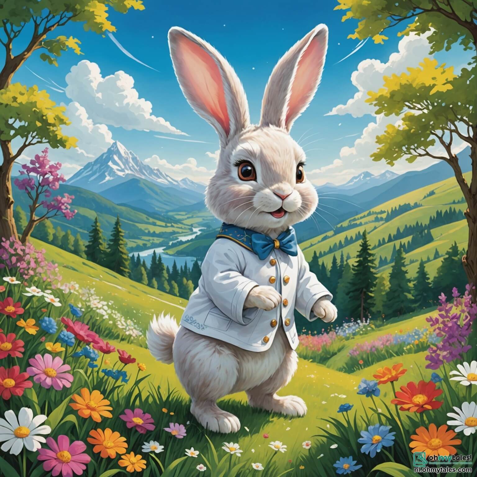Une illustration destinée aux enfants représentant un lapin au pelage d'un blanc éclatant, aux grandes oreilles dressées et aux yeux pétillants de curiosité, se tenant courageusement au bord d'une clairière verdoyante, entourée de fleurs colorées qui dansent au gré du vent, tandis qu'il rêve de conquérir la majestueuse Glanzende Hooge, une montagne scintillante qui s'élève majestueusement au-dessus des arbres, avec des nuages cotonneux qui l'effleurent, tout en étant accompagné de son fidèle ami, un écureuil espiègle aux yeux malicieux, prêt à l'encourager dans cette aventure pleine de défis et de découvertes.