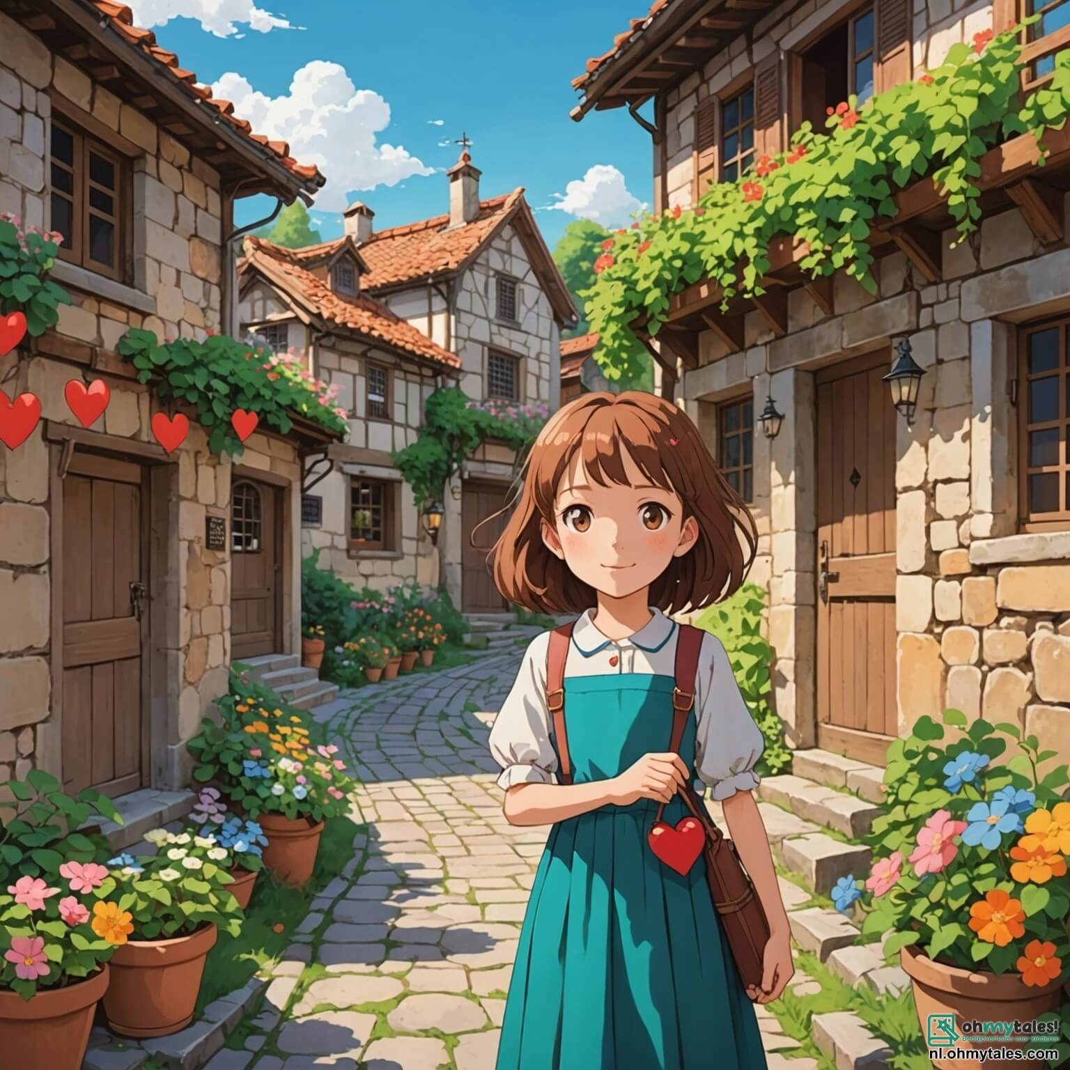 Une illustration destinée aux enfants représentant une jeune fille au cœur débordant de générosité, avec des cheveux châtains flottant au gré du vent, se tenant dans un petit village pittoresque où les maisons aux murs de pierre sont ornées de volets colorés et entourées de jardins fleuris, tandis qu'elle rêve d'améliorer la vie des enfants moins chanceux de son quartier, accompagnée de sa mère, une femme au regard doux et fatigué, et de ses amis, un garçon espiègle à la grande sourire et une fille pleine d'idées, tous unis dans leur quête pour apporter un peu de joie et d'espoir dans un monde où les rires se mêlent parfois aux larmes.