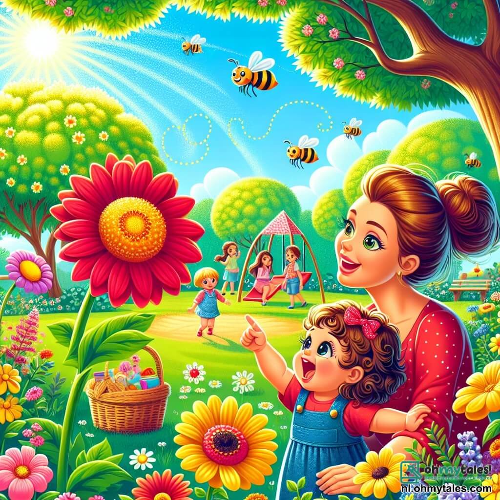 Illustratie van een park in volle bloei in de lente, met majestueuze bomen met stralend groene bladeren en kleurrijke bloemen in geel, rood en paars die dansen in de lichte bries. In het midden staat een klein meisje van ongeveer een jaar, met grote glanzende ogen en krullend haar, dat vrolijk glimlacht terwijl ze met haar vinger naar een grote bloem wijst. Naast haar kijkt een vrouw van rond de dertig, met kastanjebruin haar in een knot, haar met genegenheid aan terwijl ze een picknickmand vasthoudt. Het meisje lijkt verwonderd door de schoonheid van de bloemen, terwijl de vrouw glimlacht, blij om dit moment te delen. Op de achtergrond spelen andere kinderen op schommels en glijbanen, wat een vrolijke en levendige sfeer aan de lentescène toevoegt. Bijen vliegen rond de bloemen en de zon straalt in een heldere blauwe lucht, wat een warme en uitnodigende sfeer creëert.