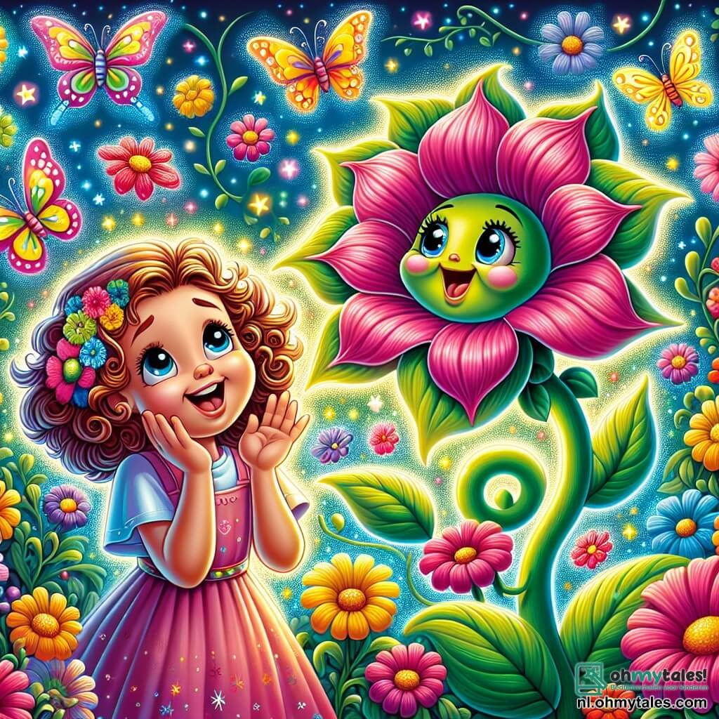 Une illustration sous forme de dessin destinée aux enfants représentant une magnifique jardin magique, rempli de fleurs colorées et de papillons dansants, où une fille de 9 ans aux cheveux bouclés et aux yeux pétillants, vêtue d'une robe légère, se tient joyeusement en train de s'occuper de fleurs brillantes, tandis qu'une fleur parlante aux pétales éclatants, avec un visage souriant, l'encourage et lui offre du soutien, symbolisant la force et l'amitié dans un moment de partage et de découverte, illustrant ainsi le thème de la maladie et de la résilience.