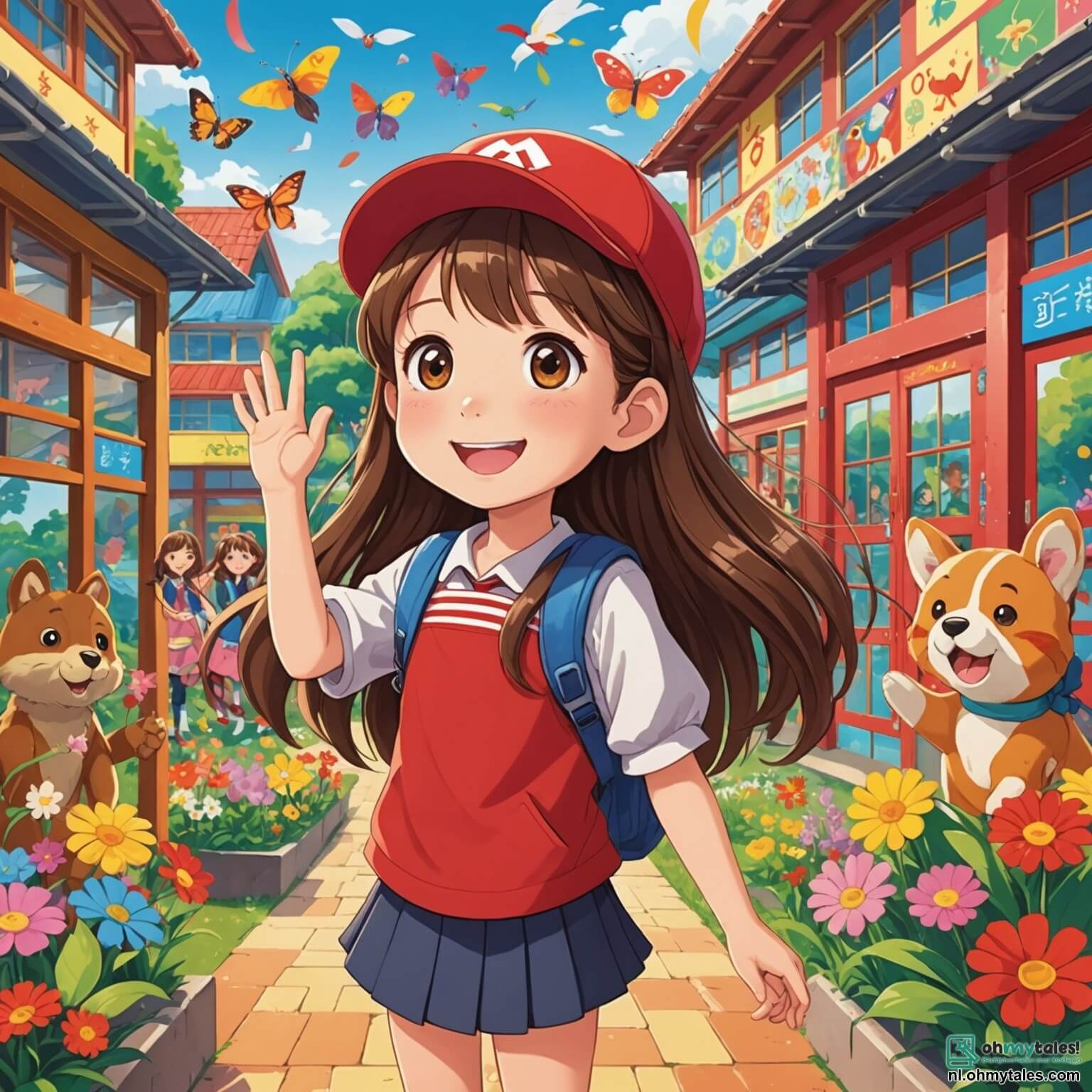 Une illustration destinée aux enfants représentant une petite fille aux longs cheveux bruns, brillants comme des fils de soie, qui, avec des yeux pétillants d'excitation et un sourire éclatant, se tient devant une grande école aux murs colorés, ornés de dessins d'animaux et de fleurs, où elle découvre avec émerveillement une cour de récréation animée par des enfants joyeux, dont un garçon à la casquette rouge qui l'invite à jouer au ballon, tandis que des filles rient autour d'une balançoire scintillante sous le soleil d'été, créant une atmosphère pleine de promesses et d'amitié pour cette nouvelle année scolaire.