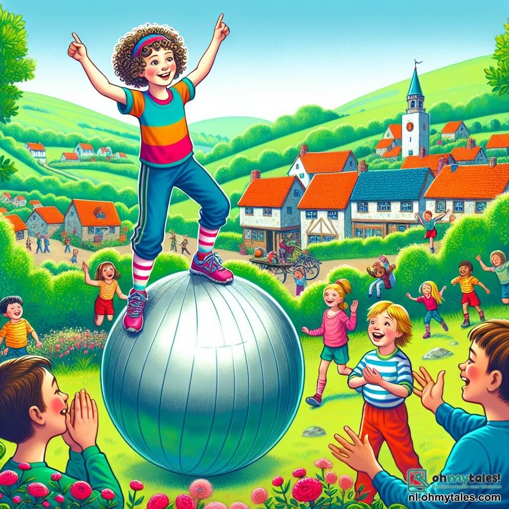 Une illustration sous forme de dessin destinée aux enfants représentant un village pittoresque entouré de collines verdoyantes et de fleurs colorées, où une fille de 11 ans aux cheveux bouclés et à la tenue sportive colorée se tient sur une énorme balle brillante, les bras levés en signe de victoire, tandis qu'un garçon aux cheveux courts et à la t-shirt rayé l'encourage avec un grand sourire, et d'autres enfants rient et applaudissent autour d'eux, capturant l'instant où elle tente de relever le défi de balancer sur la Haute Balle, symbolisant l'esprit d'aventure et de camaraderie.