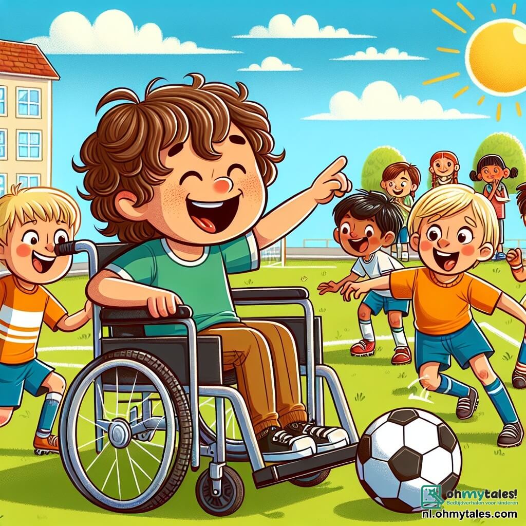 Une illustration sous forme de dessin destinée aux enfants représentant un terrain de football ensoleillé, avec un garçon de 9 ans aux cheveux bruns et bouclés, souriant et assis dans une chaise roulante, en train de donner des instructions à ses amis qui jouent au football autour de lui ; parmi eux, un garçon aux cheveux blonds, dribblant le ballon avec enthousiasme, et un autre garçon aux cheveux noirs, prêt à faire une passe, tandis qu'un groupe d'enfants les regarde avec admiration, illustrant la joie de l'amitié et l'inclusion malgré les défis.