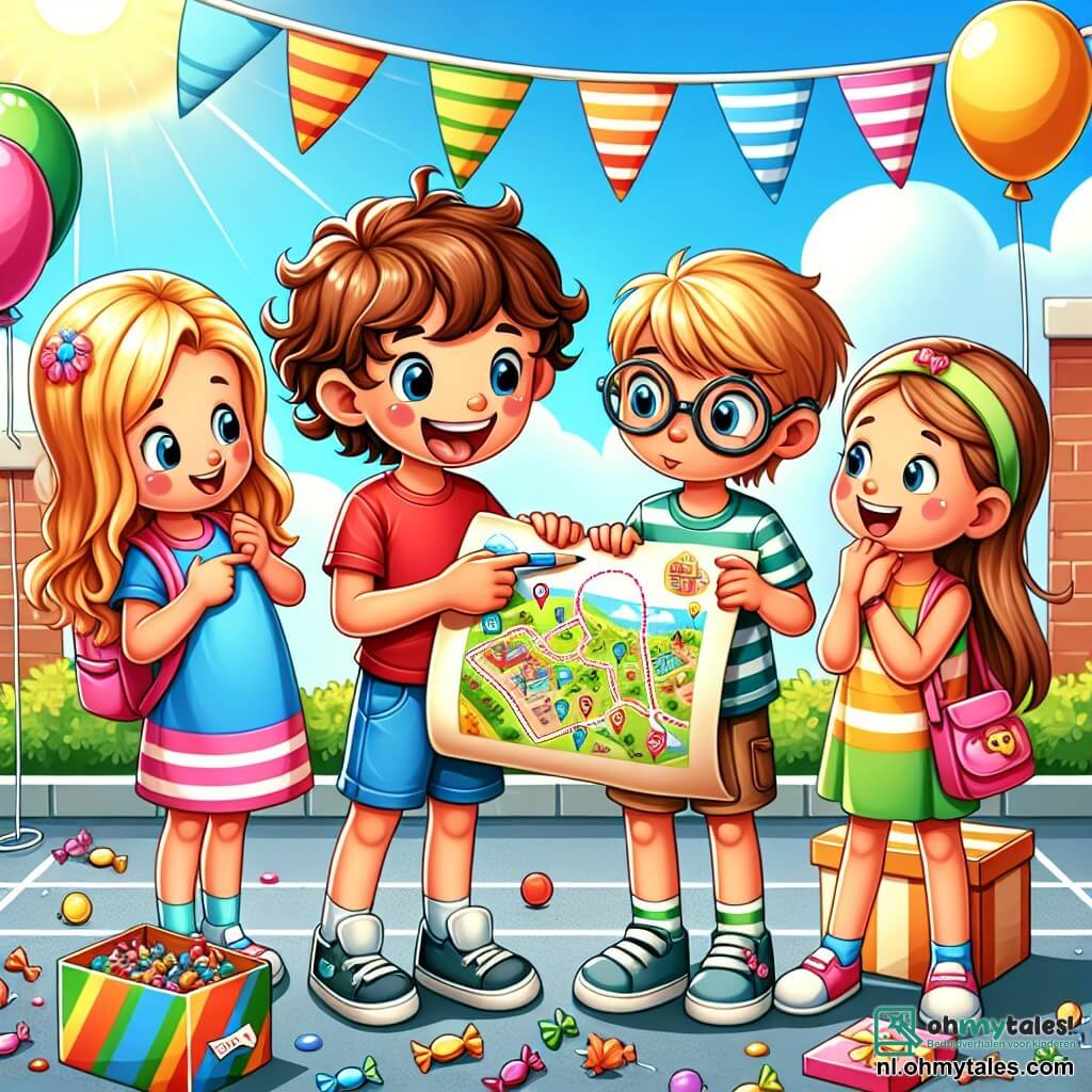 Une illustration sous forme de dessin destinée aux enfants représentant une joyeuse scène dans une cour d'école ensoleillée, où un garçon de 9 ans aux cheveux bruns et bouclés, portant un t-shirt rouge et un short bleu, explique avec enthousiasme une carte de chasse au trésor à ses amis ; à ses côtés, une fille aux cheveux longs et blonds, vêtue d'une robe colorée, écoute attentivement, tandis qu'un autre garçon aux lunettes et aux cheveux châtains, habillé d'un t-shirt à rayures, prend des notes, tous unis dans un esprit de collaboration et d'égalité, entourés de ballons colorés et d'une grande boîte remplie de bonbons et de petits jouets.
