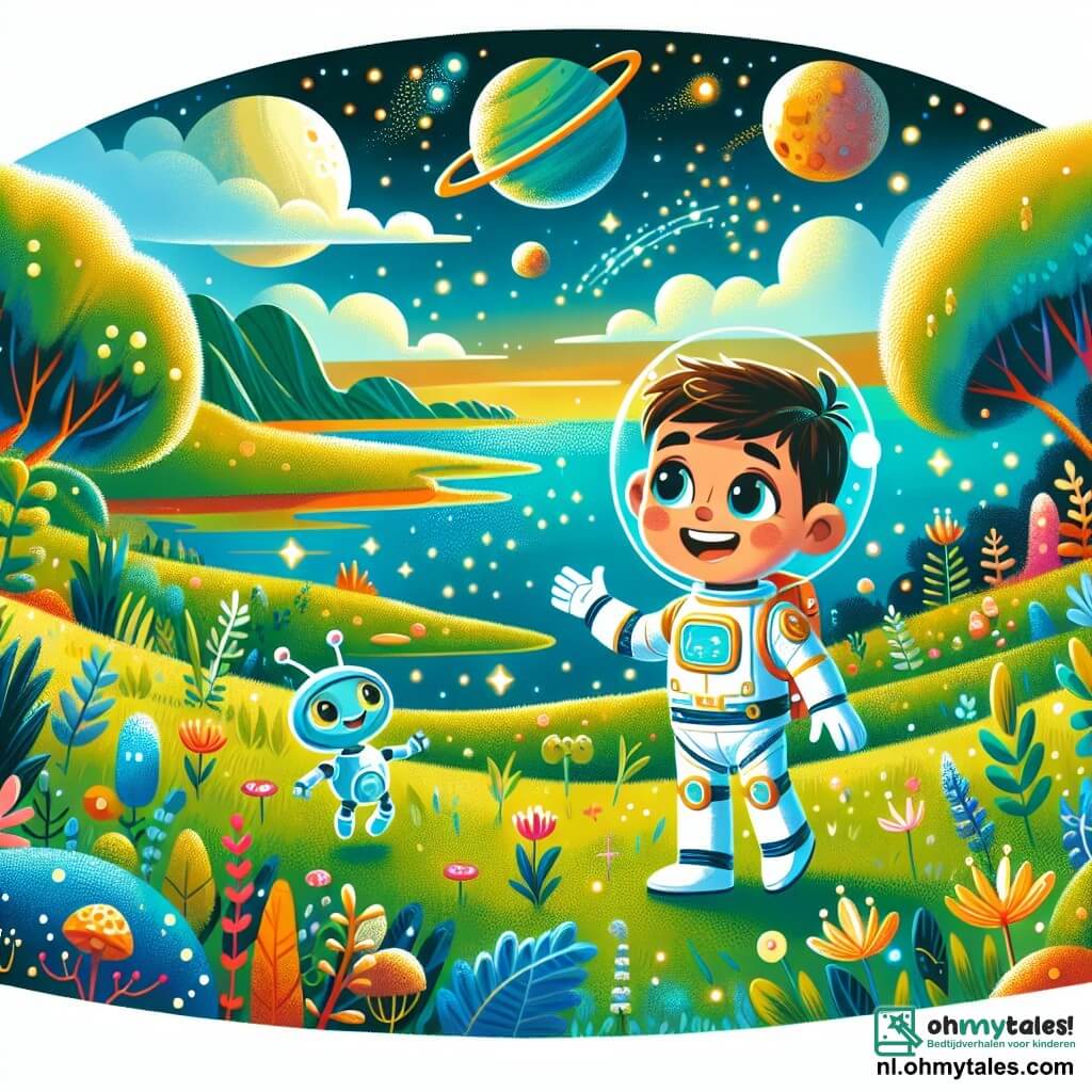 Une illustration sous forme de dessin destinée aux enfants représentant une scène colorée sur une planète extraterrestre aux paysages verdoyants et océans scintillants, où un homme astronaute aux cheveux bruns et au sourire rayonnant, vêtu d'un espace blanc brillant, explore émerveillé la forêt luxuriante, accompagné d'un petit robot bleu aux yeux lumineux qui flotte joyeusement à ses côtés, tandis qu'ils découvrent des fleurs étranges et des lucioles scintillantes dans l'air, capturant l'esprit d'aventure et de curiosité de leur voyage spatial.