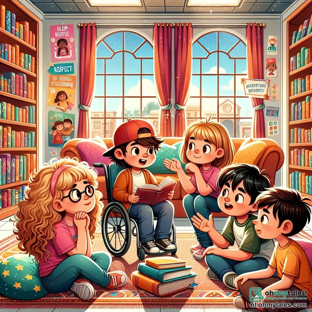 Illustratie van een scène in een lichte en uitnodigende bibliotheek, met planken vol kleurrijke boeken en zachte kussens op de vloer. In het midden staat een groep van vier kinderen, twee jongens en twee meisjes, allemaal ongeveer negen jaar oud, in een cirkel. Een jongen in een rolstoel, met bruin haar en een bril, kijkt zijn vrienden serieus aan terwijl hij een open boek op zijn schoot houdt. Naast hem luistert een meisje met krullend blond haar en een roze t-shirt aandachtig, haar gezicht getuigt van empathie. Een andere jongen, met een rode pet en zwart haar, maakt levendige gebaren terwijl hij probeert een moeilijke situatie uit te leggen, terwijl het laatste meisje, met kastanjebruin haar en een pony, bezorgd maar vastberaden om zich heen kijkt. De hoofdscène toont de groep die intens en bezorgd discussieert, wat hun wil om een klasgenoot die slachtoffer is van online pesten te helpen illustreert. Op de achtergrond versieren posters over respect en vriendelijkheid de muren, wat een educatieve touch aan de sfeer toevoegt. Stralen van licht filteren door de ramen, wat hoop en solidariteit symboliseert.