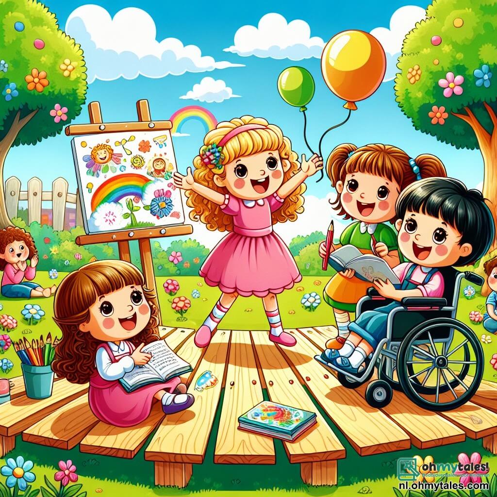 Illustratie van een zonnig park, vol kleurrijke bloemen en groene bomen, met een heldere blauwe lucht bezaaid met enkele witte wolken. In het midden staan vier jonge meisjes van ongeveer 10 jaar op een geïmproviseerd podium van houten planken. Het eerste meisje, met blond krullend haar, draagt een roze jurk en danst vrolijk met een grote glimlach op haar gezicht. Het tweede meisje, met steil bruin haar, zit op een stoel en houdt een open boek vast terwijl ze met passie een verhaal vertelt. Het derde meisje, met kastanjebruin haar in een paardenstaart, staat met een potlood en een notitieboek en toont trots een mooie illustratie in levendige kleuren. Het vierde meisje, met zwart kort haar, zit in een rolstoel en zingt enthousiast, met stralende ogen van vreugde. Op de achtergrond kijkt een kleine groep kinderen met bewondering naar hen, applaudisserend en glimlachend, wat een sfeer van steun en aanmoediging creëert. Kleurrijke ballonnen zweven in de lucht en voegen een feestelijke touch toe aan deze scène van zelfvertrouwen en vriendschap.