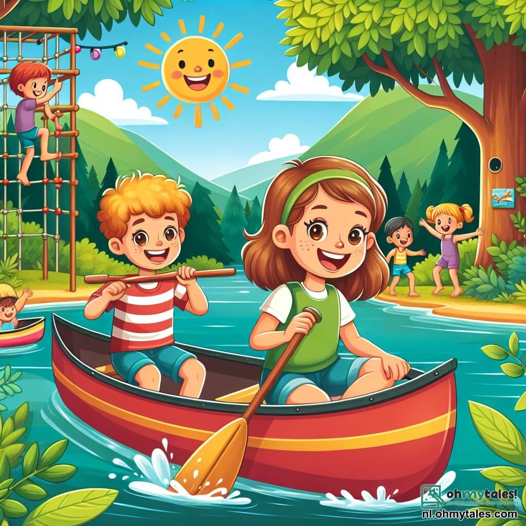 Une illustration sous forme de dessin destinée aux enfants représentant un camp d'été ensoleillé au bord d'un lac, avec un garçon de 9 ans aux cheveux bouclés et à la large sourire, en train de pagayer joyeusement dans une canoe avec sa petite sœur, une fille aux cheveux blonds et aux yeux pétillants, qui rit en tenant une pagaie, tandis qu'en arrière-plan, d'autres enfants s'amusent à grimper sur une structure d'escalade et des arbres verdoyants entourent le lieu, créant une atmosphère d'aventure et de camaraderie estivale.