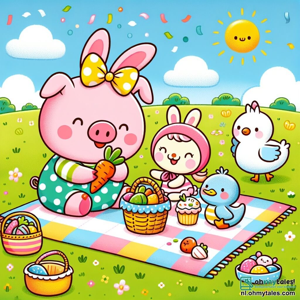 Une illustration sous forme de dessin destinée aux enfants représentant un vaste champ verdoyant sous un ciel bleu ensoleillé, avec un cochon rose portant un chapeau à pois et une grande nœud jaune, en train de préparer une grande nappe colorée pour une pique-nique, entouré d'un lapin aux grandes oreilles et aux yeux curieux, tenant une carotte dans ses pattes, et d'une canard aux plumes brillantes, apportant une corbeille remplie de délicieuses friandises, le tout dans une ambiance joyeuse et festive, avec des confettis flottant dans l'air.