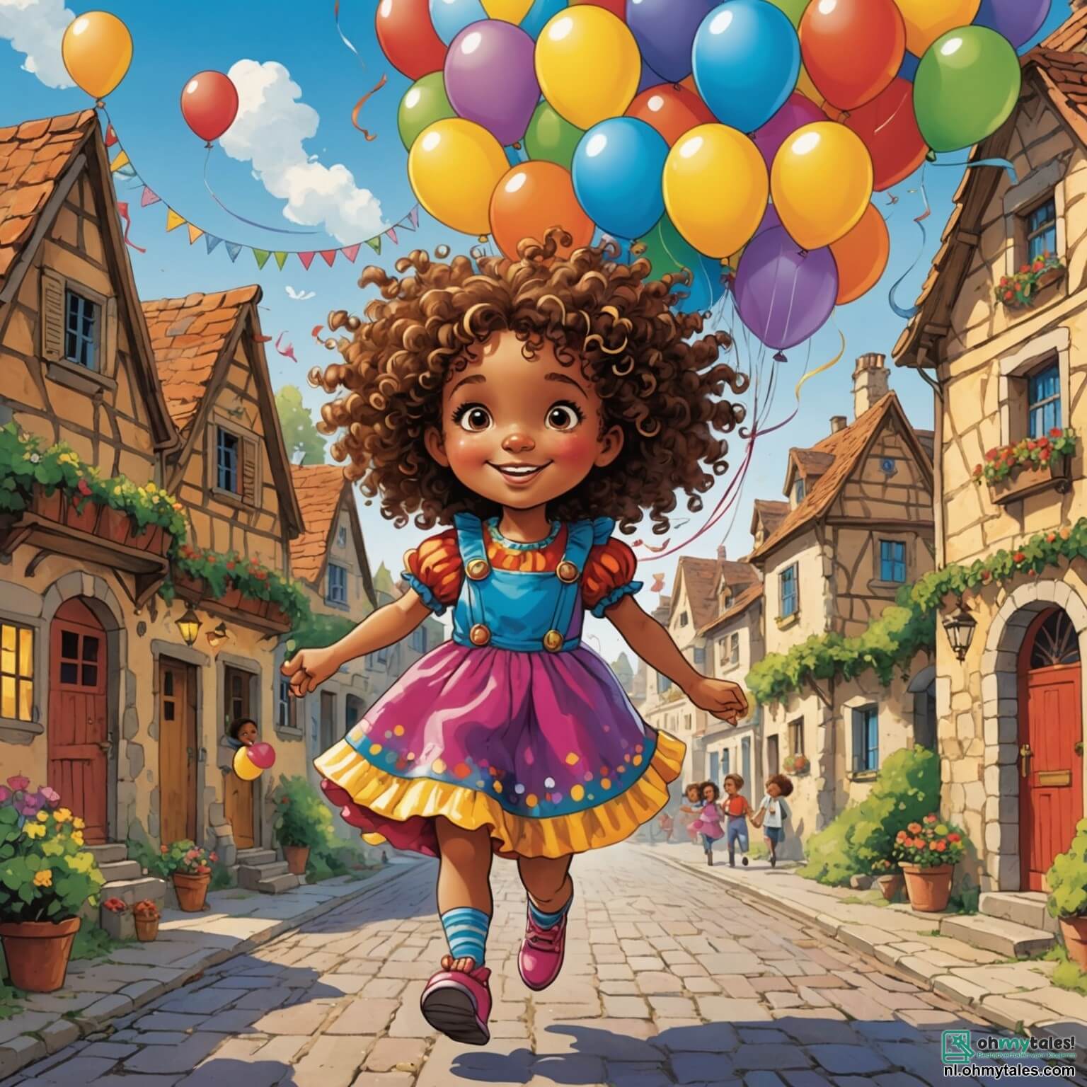 Une illustration destinée aux enfants représentant une petite fille aux cheveux bouclés et pétillants d'excitation, vêtue d'un costume de couleur vive orné de plumes et de paillettes, courant à travers les rues animées d'un village enchanteur où les maisons sont décorées de guirlandes multicolores et où l'air est empli de rires et de musique joyeuse, tandis qu'elle se lance dans une quête palpitante pour attraper une magnifique ballon qui s'envole, entourée de ses nouveaux amis, une autre petite fille en robe de princesse et un garçon déguisé en clown, tous deux débordants d'énergie et de joie, dans le cadre d'un carnaval festif qui transforme chaque coin de ce lieu magique en un tableau vivant de couleurs et de bonheur.