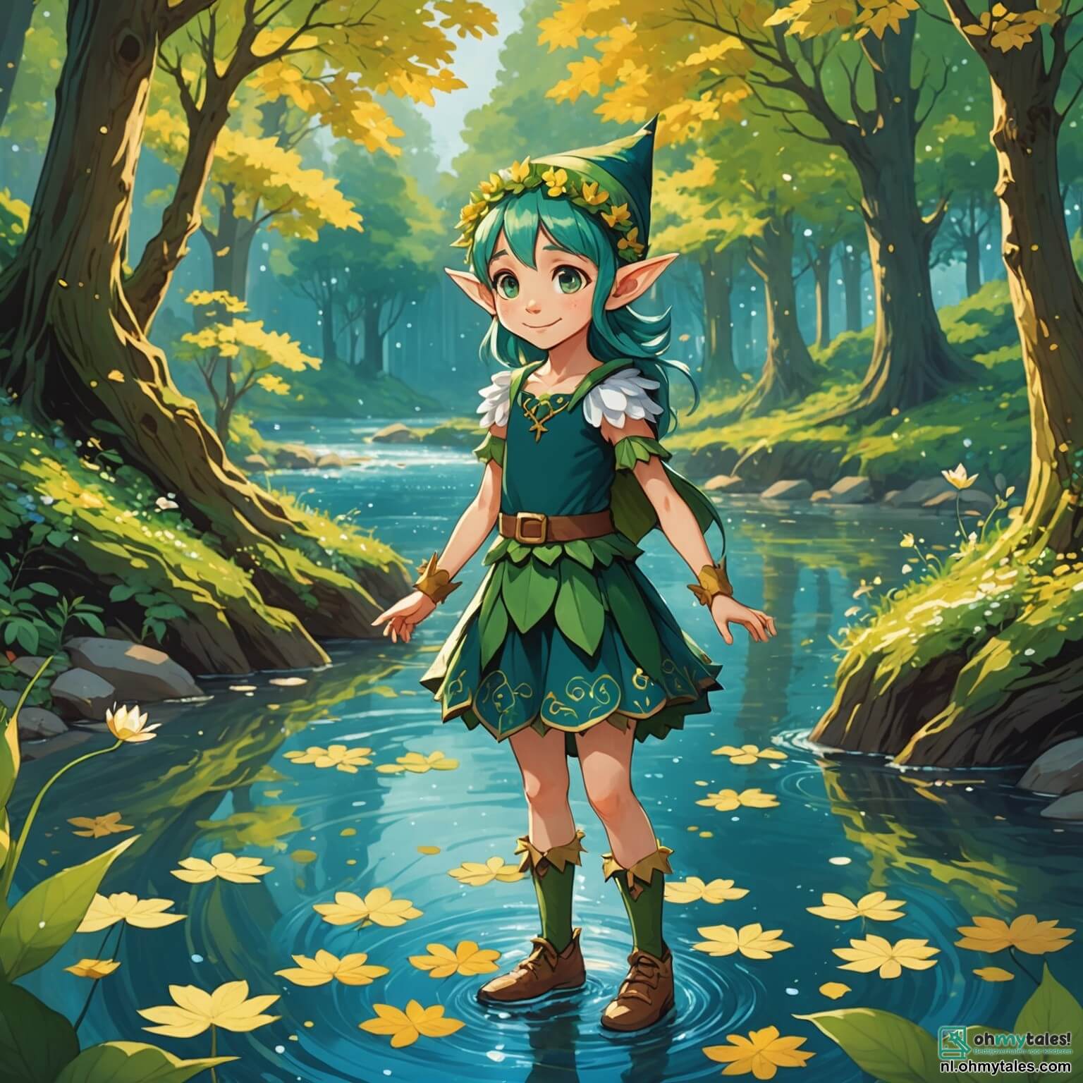 Une illustration destinée aux enfants représentant une petite lutin aux cheveux d'un vert éclatant, vêtue d'une robe faite de pétales de fleurs chatoyantes, se tenant avec détermination au bord d'une rivière scintillante, entourée de grands arbres aux troncs noueux et aux feuilles dorées, tandis qu'un jeune lutin à la casquette bleue, son meilleur ami, l'encourage avec un sourire, alors qu'ils se préparent à traverser un pont de branches pour découvrir la mystérieuse Glimlachende Waterval, une cascade magique qui chante des mélodies joyeuses, dans un monde féerique où la lumière du soleil filtre à travers le feuillage, créant des éclats de couleurs vives sur le sol tapissé de mousse et de fleurs luminescentes.