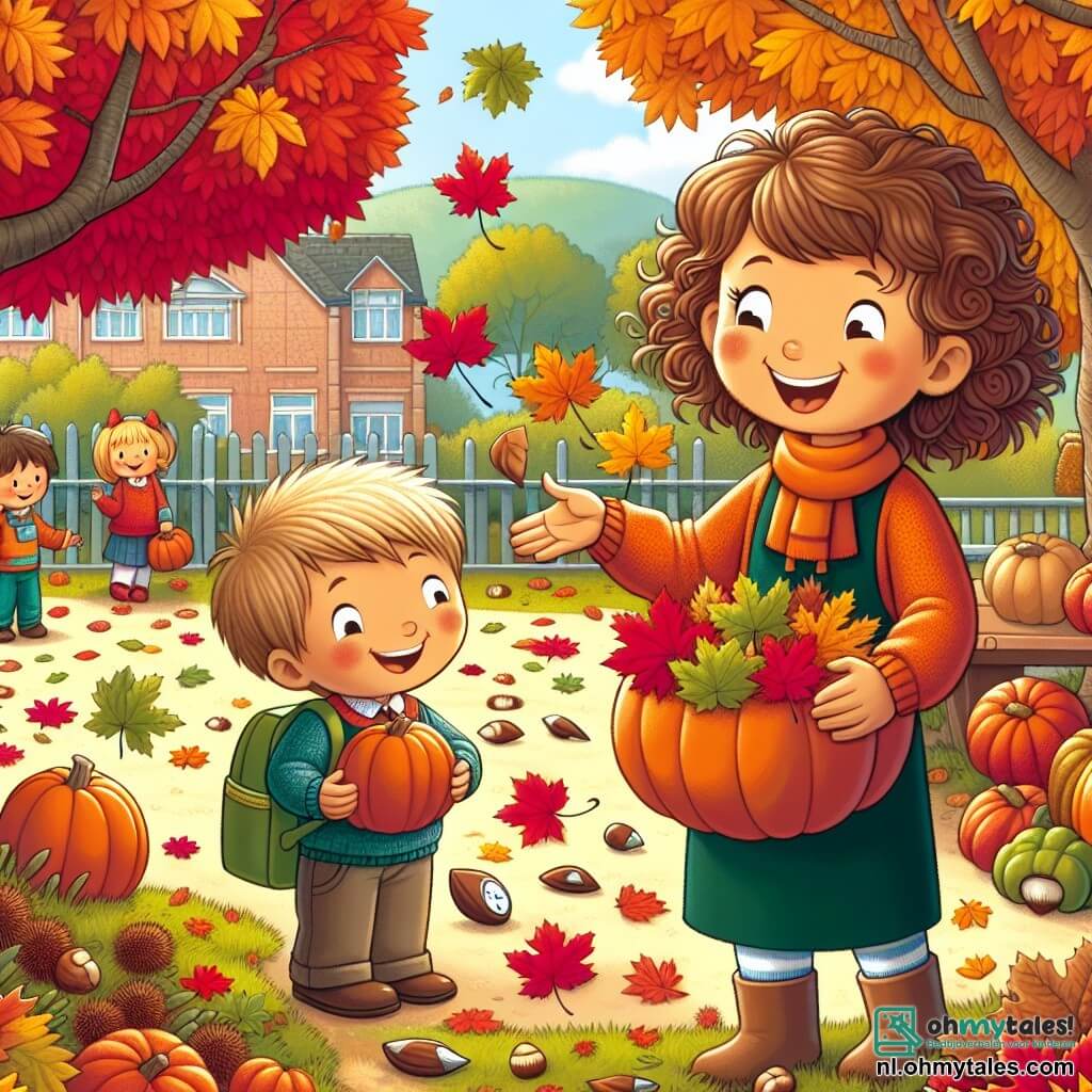 Une illustration sous forme de dessin destinée aux enfants représentant une cour d'école en automne, avec des arbres aux feuilles rouges, jaunes et brunes, où une petite fille de 3 ans aux cheveux bouclés et vêtue d'un pull orange joyeux, est en train de ramasser des feuilles colorées avec un grand sourire, tandis qu'un garçon de son âge, aux cheveux blonds et portant une écharpe bleue, l'observe avec émerveillement, et une enseignante souriante aux cheveux châtains, vêtue d'une robe verte, leur explique les merveilles de la saison, entourés de citrouilles et de châtaignes.