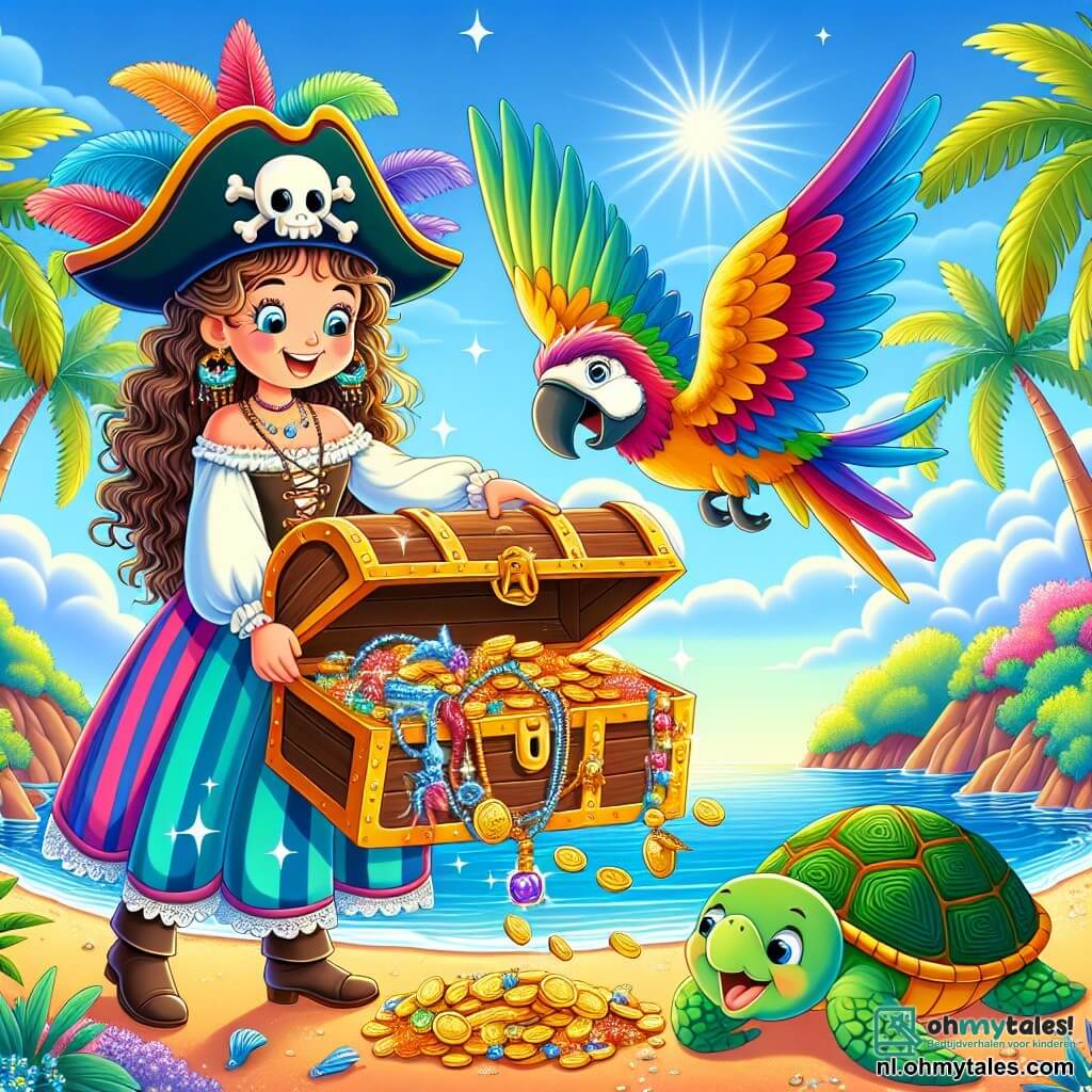 Une illustration sous forme de dessin destinée aux enfants représentant une scène colorée sur un magnifique îlot tropical, avec une femme pirate aux cheveux longs et bouclés, portant un chapeau de pirate orné de plumes, qui ouvre une grande coffre au trésor rempli de pièces d'or et de bijoux scintillants, tandis qu'un joyeux papagaï aux plumes multicolores vole autour d'elle et une petite tortue de mer verte, souriante, observe avec curiosité, le tout sous un ciel bleu ensoleillé et des palmiers se balançant doucement dans le vent.
