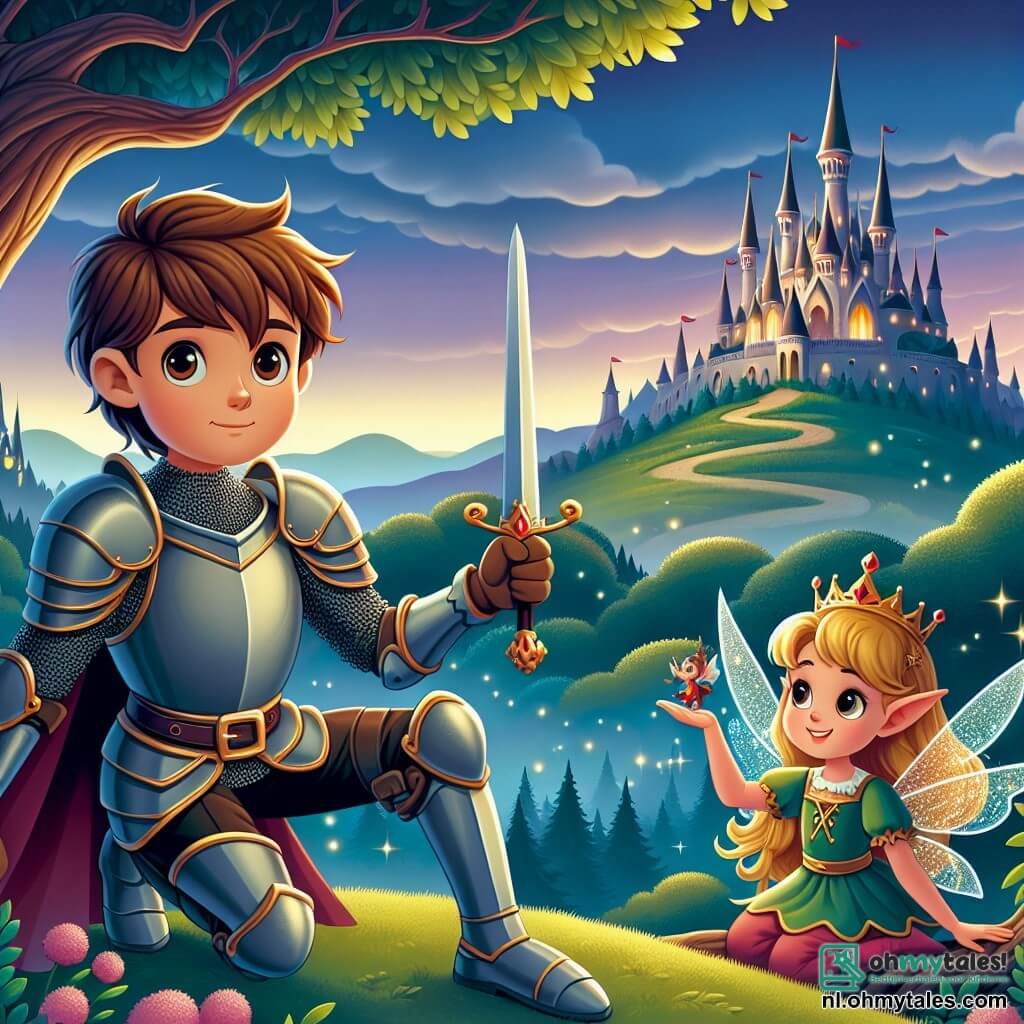 Une illustration sous forme de dessin destinée aux enfants représentant une vaste et verdoyante colline surplombant un château scintillant au loin, avec un jeune chevalier aux cheveux bruns et aux yeux brillants, portant une armure étincelante et brandissant courageusement son épée, tandis qu'une petite elfette aux ailes scintillantes et aux cheveux dorés, perchée sur une branche d'arbre, l'encourage avec un sourire, alors qu'ils se préparent à affronter ensemble la redoutable dragon qui garde la mystérieuse pierre magique, le tout baigné dans une lumière douce et enchanteresse du crépuscule.