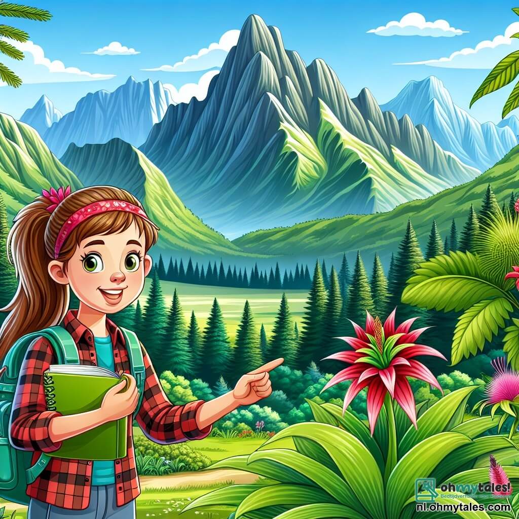 Une illustration sous forme de dessin destinée aux enfants représentant une magnifique vallée verdoyante entourée de majestueuses montagnes, avec une jeune femme aux cheveux longs et bruns, portant un sac à dos et un sourire d'excitation, observant des plantes colorées tout en prenant des notes dans un carnet, tandis qu'un homme aux traits amicaux et à la barbe légère, vêtu d'une chemise en flanelle, se tient à ses côtés, pointant du doigt une fleur rare, le tout illustrant leur aventure d'exploration et de découverte dans un monde naturel fascinant et mystérieux.