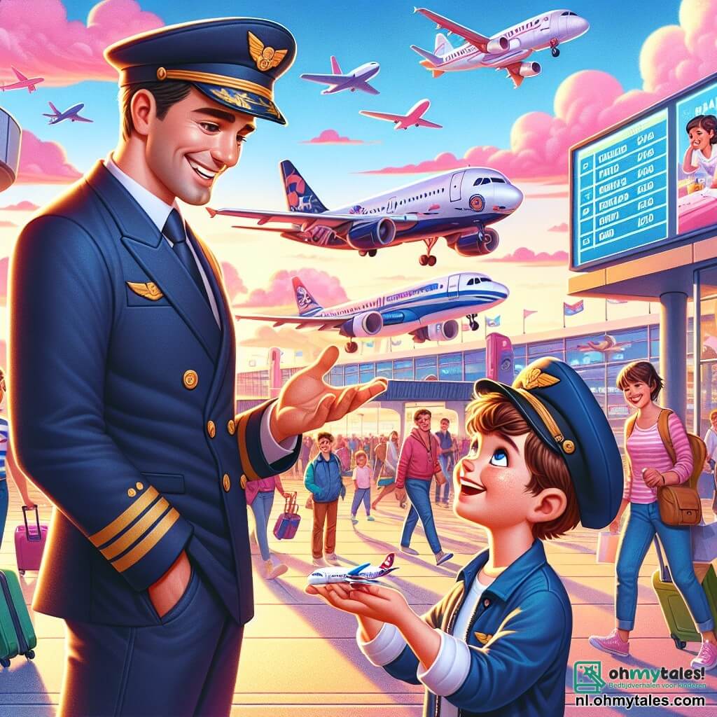 Illustratie van een levendig vliegveld bij zonsondergang, met kleurrijke vliegtuigen op de tarmac en roze wolken die in een heldere blauwe lucht drijven. Op de voorgrond staat een man van ongeveer dertig jaar in een marineblauwe pilotenuniform en pet, die warm glimlacht terwijl hij praat met een jongen van ongeveer elf jaar. De jongen, met kastanjebruin haar en een pilotenpet, kijkt bewonderend naar de piloot en houdt een klein modelvliegtuigje in zijn handen. De scène straalt een dromerige en avontuurlijke sfeer uit, die de passie voor de luchtvaart en de inspiratie tussen generaties symboliseert. Op de achtergrond bewegen passagiers zich vrolijk, en een lichtbord geeft de bestemmingen van de vluchten aan, wat bijdraagt aan de levendigheid van het vliegveld.