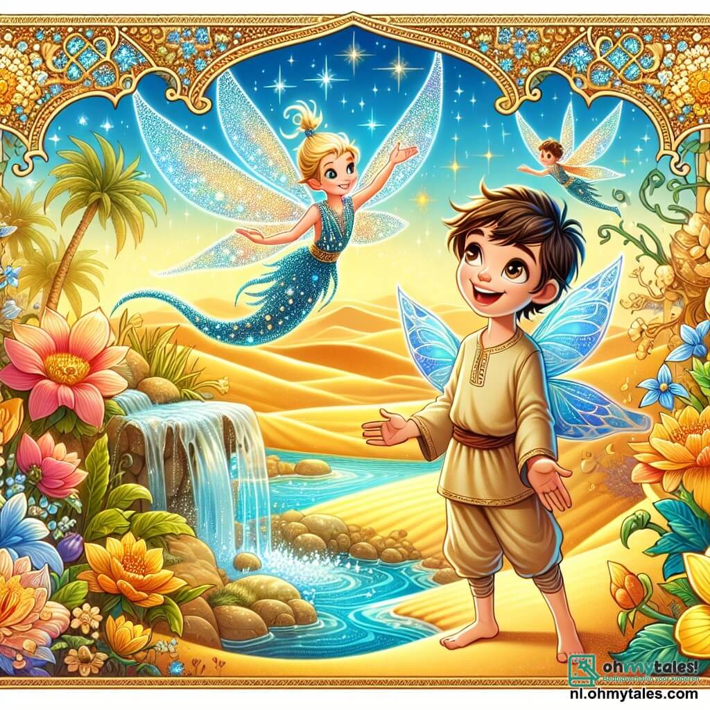 Une illustration sous forme de dessin destinée aux enfants représentant une oasis magique au cœur d'une vaste et dorée désert, avec une fée aux ailes scintillantes comme des gouttes de rosée, flottant joyeusement au-dessus d'une source d'eau claire, tandis qu'un garçon aux cheveux bruns et aux yeux pétillants, vêtu de vêtements en toile légère, observe avec émerveillement les fleurs colorées et les créatures fantastiques qui l'entourent, illustrant leur rencontre enchantée et les promesses d'aventures à venir dans ce monde féerique.