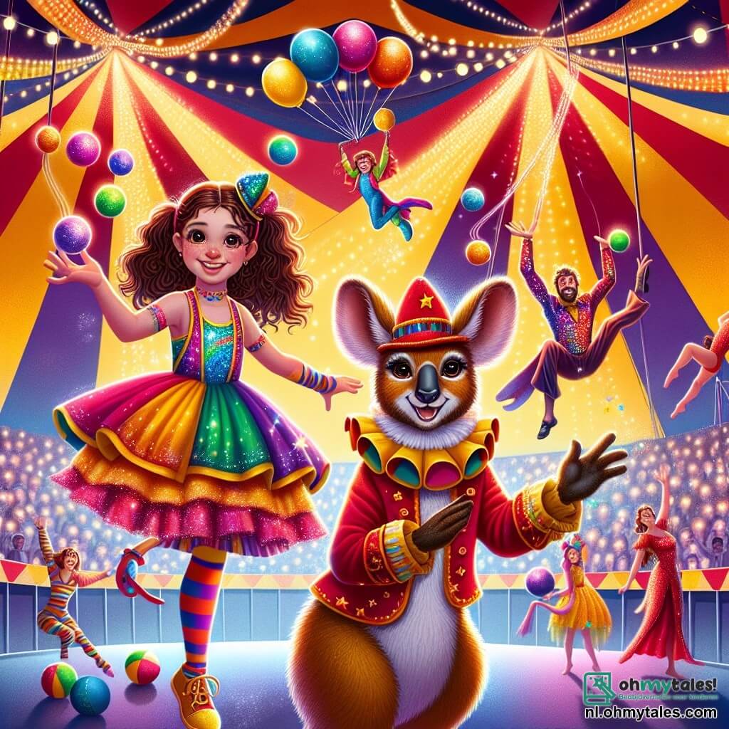 Illustratie van een levendige scène binnen een grote, kleurrijke circus tent met rode en gele strepen die elkaar kruisen, verlicht door fonkelende lichtslingers. In het midden staat een 11-jarig meisje met krullend bruin haar, gekleed in een kleurrijk clownspak met sterren en glitters, dat vrolijk lacht terwijl ze met multikleuren ballen jongleert. Naast haar springt een ondeugend kangeroe met grote oren en sprankelende ogen vrolijk, wat een vleugje magie aan de scène toevoegt. Op de achtergrond springen acrobaten in glanzende kostuums door de lucht, terwijl een imposante man met een grote baard en een hoge hoed de scène met een welwillende glimlach observeert. De sfeer is gevuld met het gelach van kinderen en de geur van popcorn, wat een feestelijke en blije ambiance creëert, vol levendige kleuren en dynamische bewegingen.