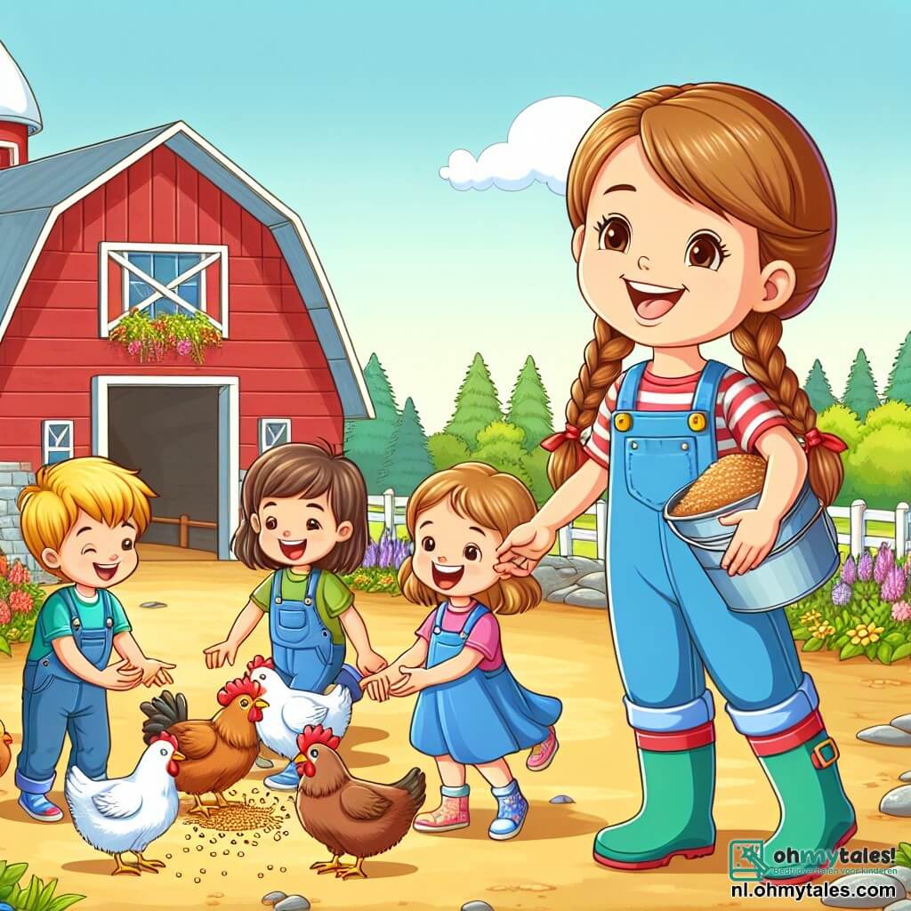 Une illustration sous forme de dessin destinée aux enfants représentant une charmante ferme ensoleillée avec une grande grange rouge et un jardin fleuri, où une jeune femme aux cheveux bruns tressés, portant une salopette bleue et des bottes en caoutchouc, sourit joyeusement en tenant un seau de nourriture pour les animaux, tandis que quatre enfants, deux filles aux cheveux blonds et bruns et deux garçons aux cheveux châtains, rient et s'amusent en nourrissant des poules qui picorent le sol, capturant l'esprit d'une journée d'apprentissage et de partage à la ferme.