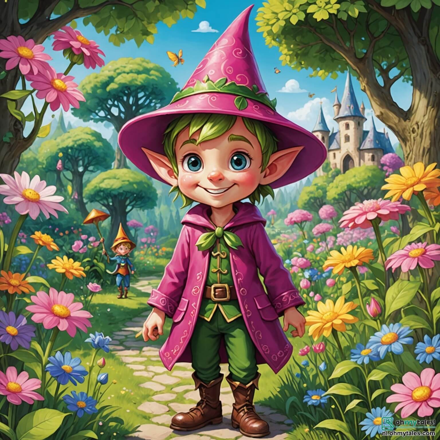 Une illustration destinée aux enfants représentant un lutin espiègle au sourire éclatant et à la grande pointue, aux yeux pétillants de malice, qui se trouve dans la magnifique et colorée Bloesemvallei, une jardin enchanté où les fleurs chantent et les arbres racontent des blagues, tandis qu'il se prépare à vivre une aventure palpitante avec sa meilleure amie, une petite lutine au chapeau rose vif, pleine de joie et de curiosité, alors qu'ils partent à la recherche de magiques baisers bleus cachés sur la majestueuse et scintillante Blauwe Berg, entourée de paillettes de lumière et de créatures rigolotes comme des pygmées dansants et des souris musiciens, tous impatients de célébrer ensemble leur amitié et leurs découvertes.