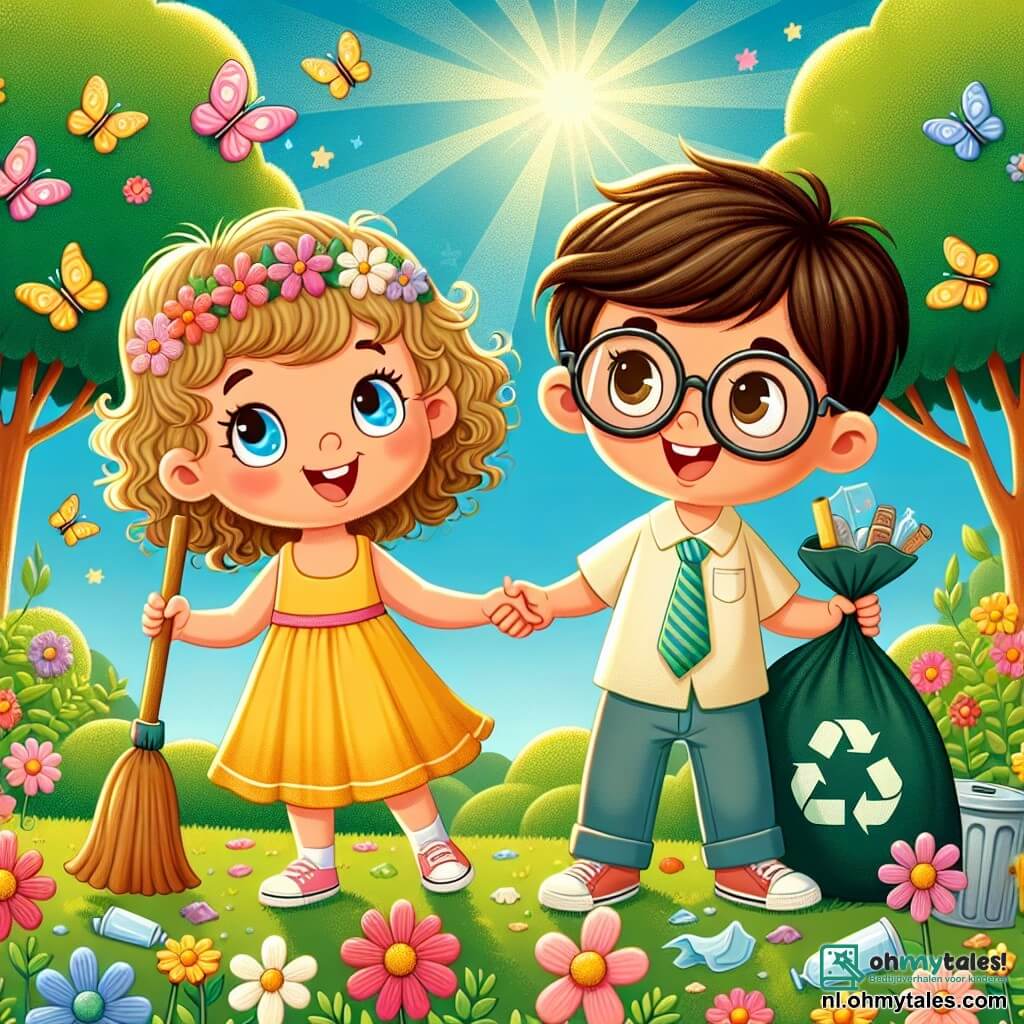 Une illustration sous forme de dessin destinée aux enfants représentant un parc ensoleillé, rempli de fleurs colorées et d'arbres verdoyants, où une petite fille de 4 ans aux yeux brillants et aux cheveux bouclés, vêtue d'une robe jaune, sourit joyeusement en ramassant des déchets avec son ami, un garçon de 4 ans aux cheveux bruns et aux lunettes, qui tient un sac poubelle, tandis qu'ils travaillent ensemble pour nettoyer la nature et protéger leur environnement, entourés de papillons et d'oiseaux chantants.