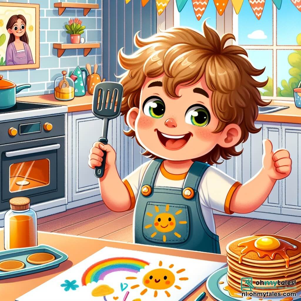 Une illustration sous forme de dessin destinée aux enfants représentant une cuisine lumineuse et accueillante, avec un garçon de 3 ans aux cheveux bouclés et aux yeux pétillants, souriant joyeusement alors qu'il tient une spatule dans une main et une pannenkoek dans l'autre, tandis que sa maman, une femme aux cheveux longs et bruns, l'observe avec fierté, tous deux entourés d'une table joliment dressée avec des pannenkoeken et une grande feuille de papier colorée où le garçon a dessiné un soleil et un chien, capturant l'excitation et la joie de la préparation d'une surprise pour la fête des pères.