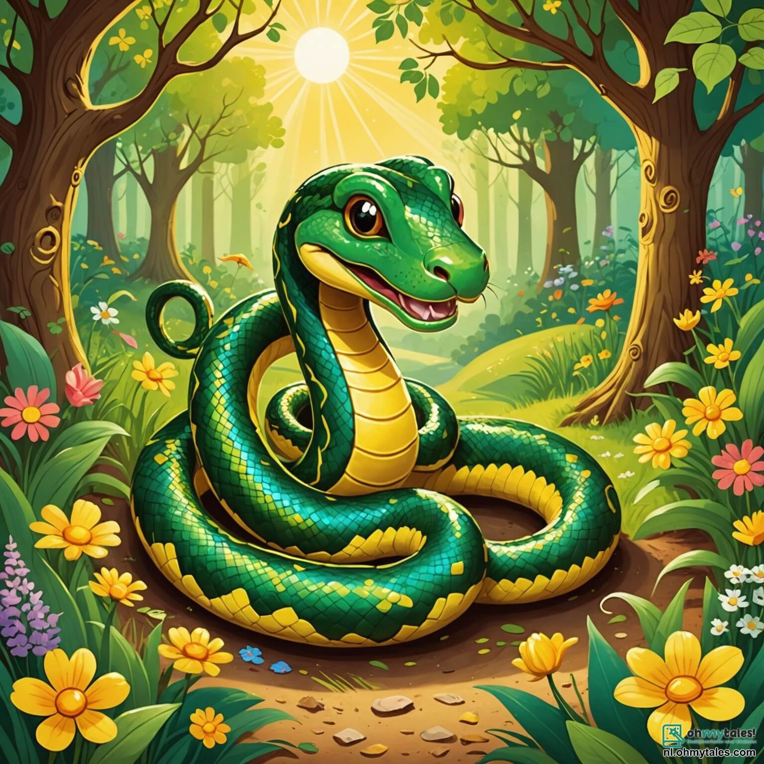 Une illustration destinée aux enfants représentant un serpent aux écailles vertes étincelantes, ondulant joyeusement sous les rayons dorés du soleil dans une clairière enchantée du bois, entourée de fleurs multicolores qui dansent au gré du vent, tandis que des amis comme un petit lapin aux grandes oreilles et une souris espiègle l'encouragent à réaliser son rêve de danser, malgré l'absence de jambes, créant ainsi une atmosphère pleine de rires et de camaraderie au cœur de la nature vibrante.