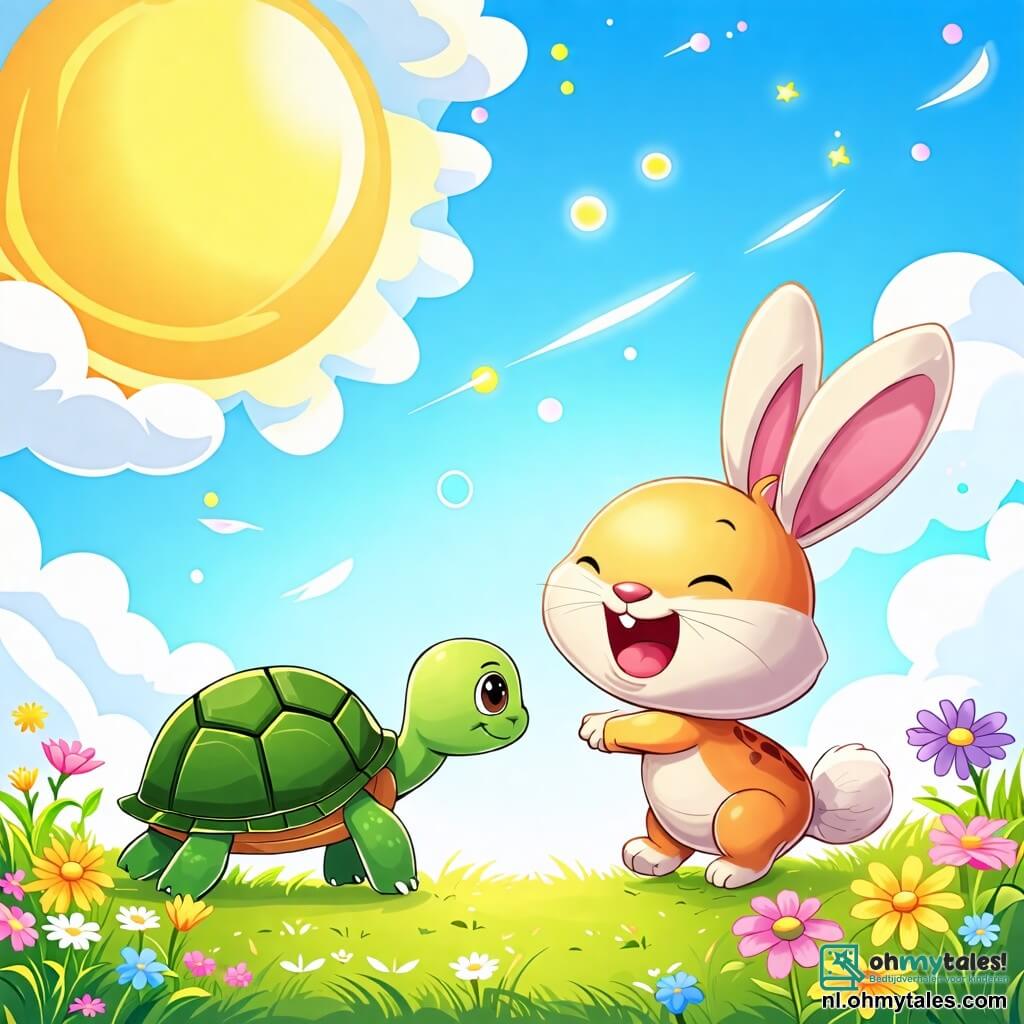Une illustration sous forme de dessin destinée aux enfants représentant une clairière ensoleillée, où une tortue au carapace verte et brillante, avec des yeux malicieux, essaie de courir lentement sur l'herbe, tandis qu'un lapin aux grandes oreilles blanches et aux pattes rapides rit joyeusement à côté d'elle, les deux amis partageant un moment amusant et léger, entourés de fleurs colorées et d'un ciel bleu parsemé de nuages moelleux.