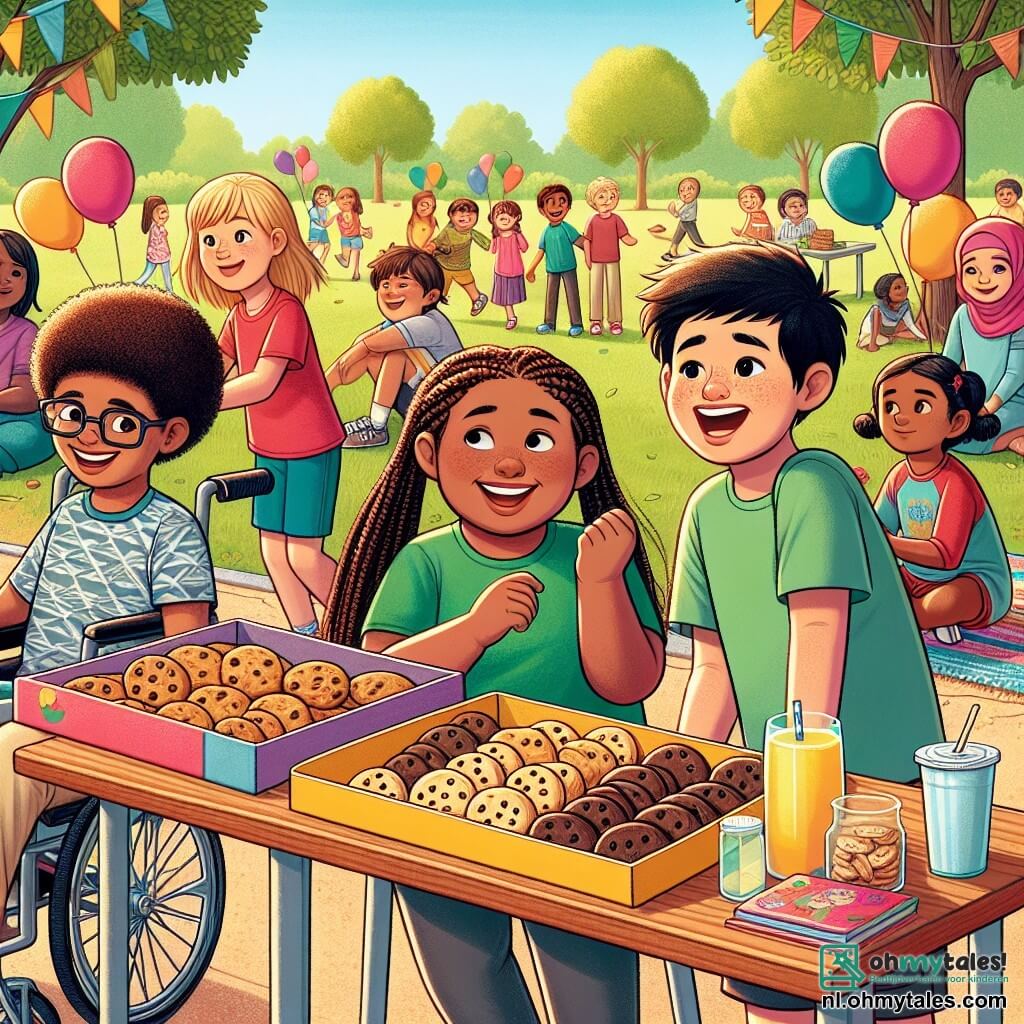 Illustratie van een zonnig park met groene bomen en een groot grasveld waar kinderen samen spelen. Op de voorgrond verkoopt een tienjarige jongen met rommelig bruin haar en een stralende glimlach koekjes en limonade op een tafel versierd met felle kleuren. Naast hem helpt een tienjarig meisje met gevlochten blond haar, gekleed in een shirt met patronen, enthousiast klanten te bedienen. Een andere tienjarige jongen in een rolstoel, met een bril en een rood t-shirt, glimlacht terwijl hij een bord vasthoudt met de tekst "Voor een goed doel". Op de achtergrond verzamelen andere kinderen van verschillende afkomst zich rond de tafel, lachend en vrolijk pratend. De sfeer is vol kameraadschap en solidariteit, met kleurrijke ballonnen die in de lucht zweven en een groot kartonnen bord met de tekst "Koekjesverkoop om gezinnen te helpen".