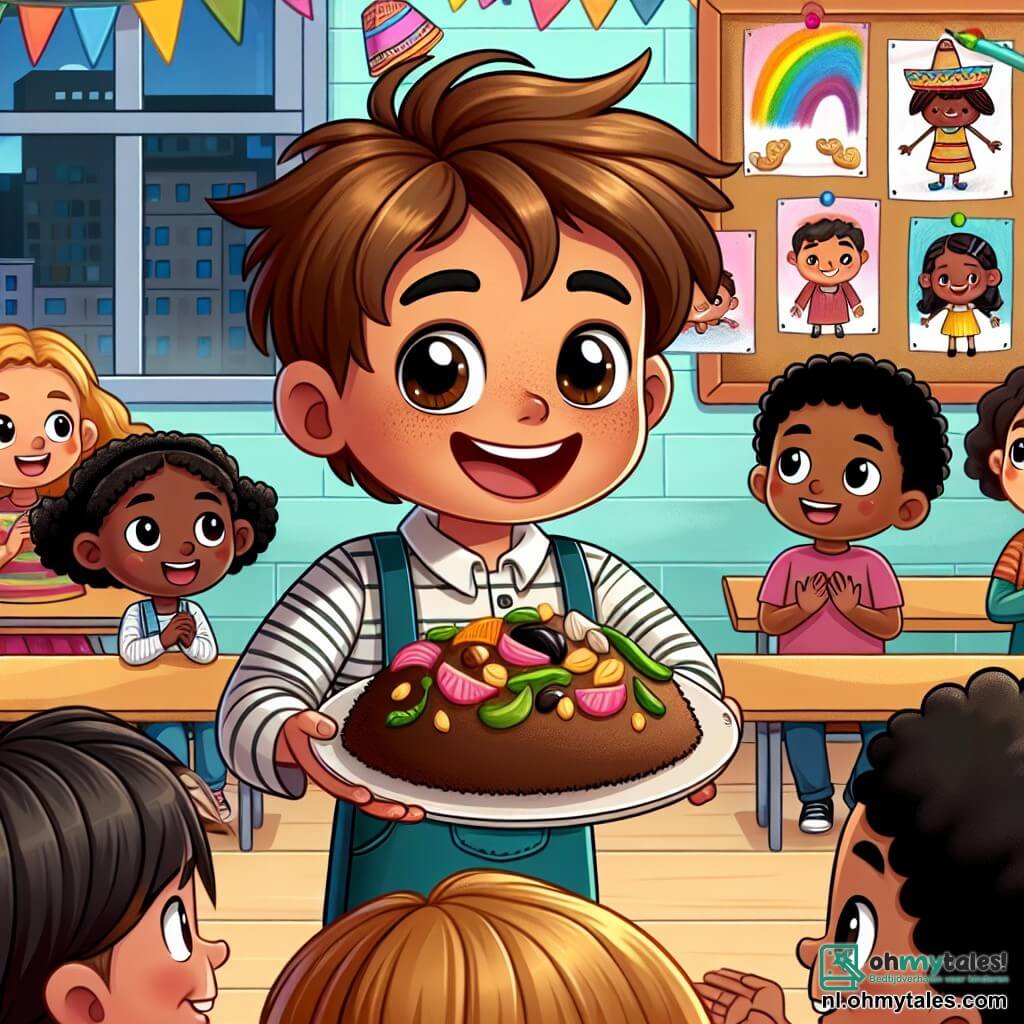 Une illustration sous forme de dessin destinée aux enfants représentant une salle de classe colorée avec des murs décorés de dessins d'enfants, où un garçon de 9 ans, aux cheveux bruns en désordre et aux yeux pétillants, se tient debout avec un grand sourire, partageant son plat traditionnel avec enthousiasme ; autour de lui, plusieurs camarades de classe, dont une fille aux cheveux noirs et une autre aux cheveux blonds, écoutent attentivement et goûtent avec curiosité, illustrant un moment de partage et d'acceptation, soulignant l'importance de la diversité et de l'amitié dans un environnement scolaire.