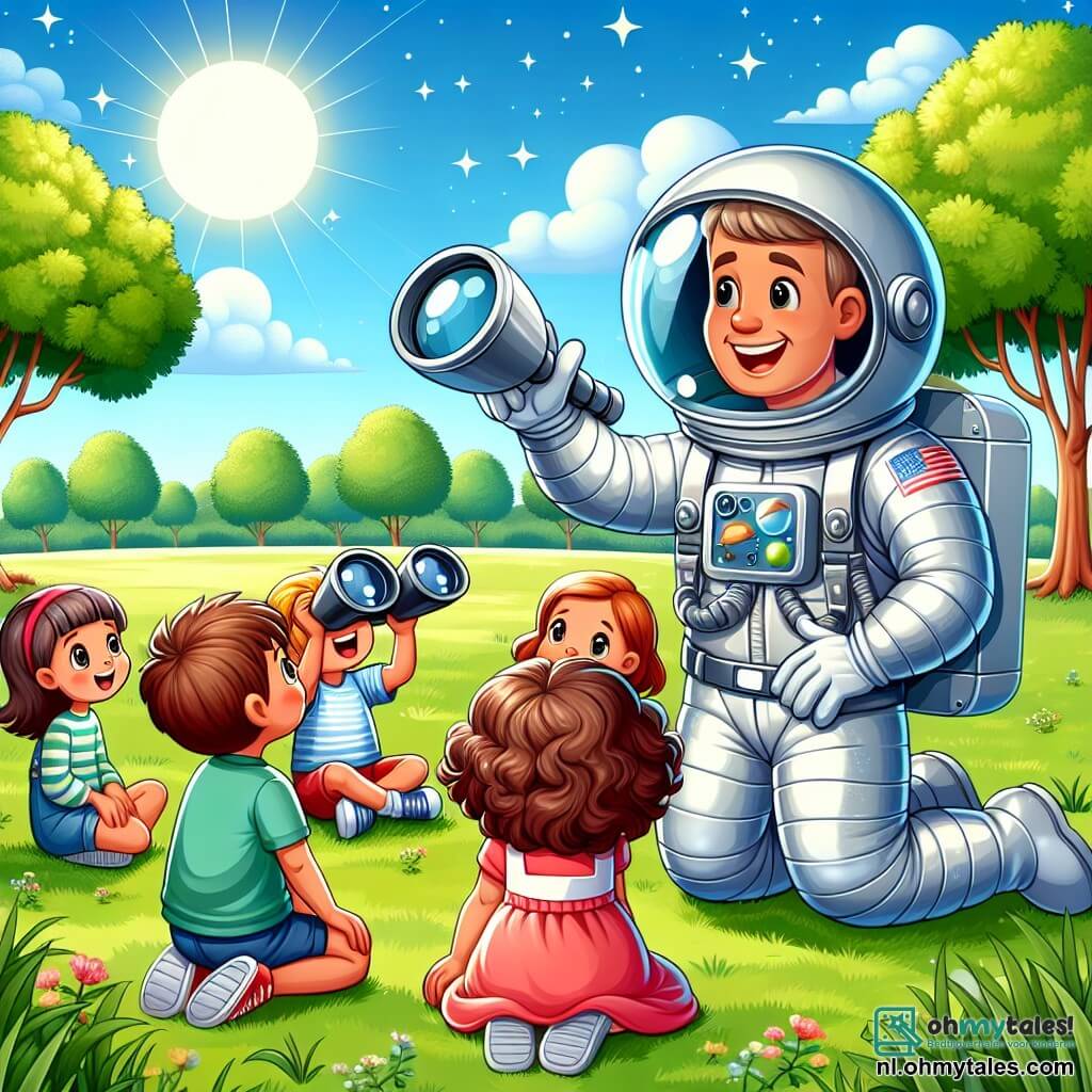 Une illustration sous forme de dessin destinée aux enfants représentant un parc ensoleillé avec des arbres verdoyants et un ciel bleu, où un homme astronaute en combinaison spatiale argentée, avec un casque brillant et un sourire enthousiaste, est accroupi en train d'expliquer les merveilles de l'espace à une petite fille aux cheveux bruns et bouclés, qui tient une grande verrekijker et regarde avec émerveillement, tandis qu'un groupe d'enfants curieux les entoure, écoutant attentivement les histoires d'aventures interstellaires.