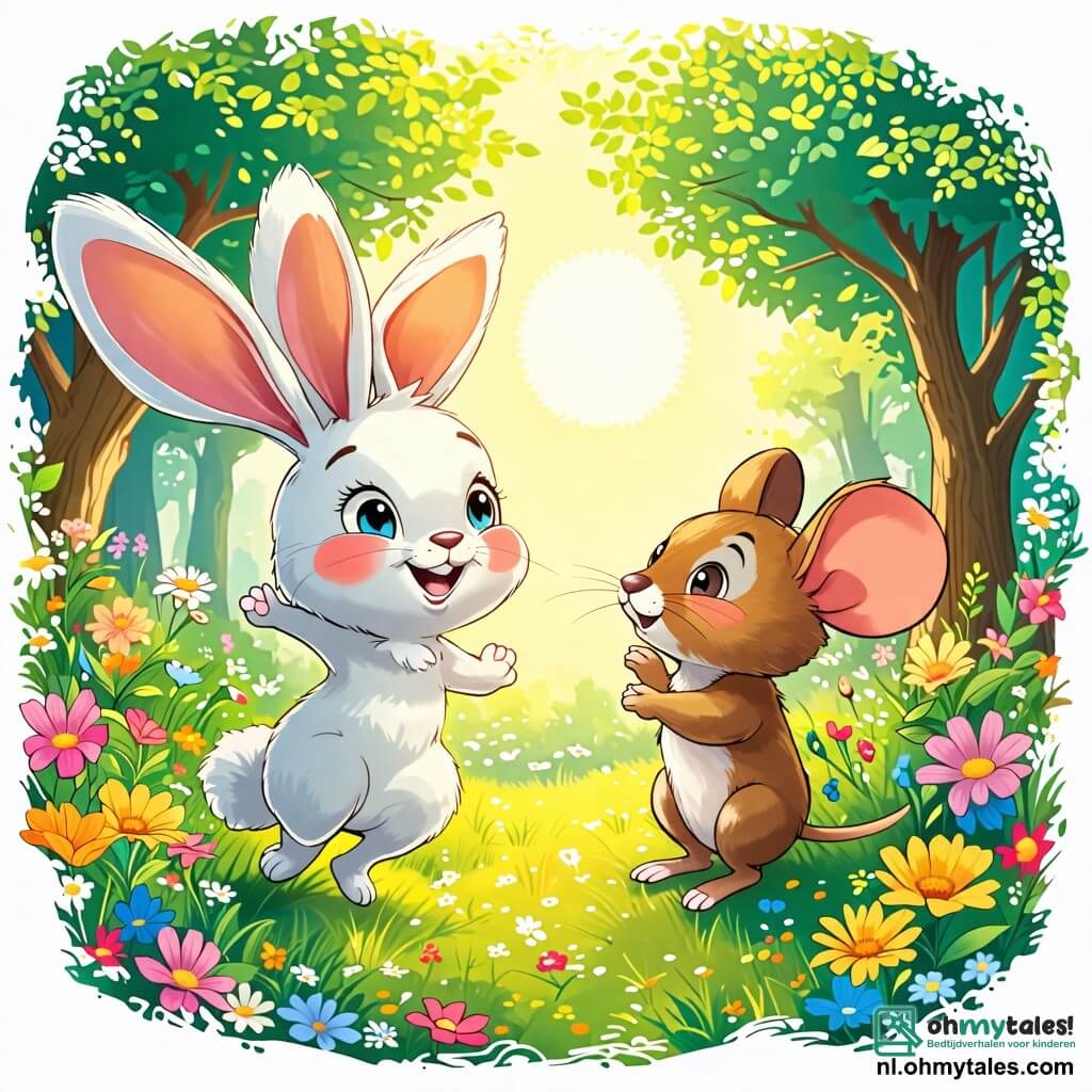 Une illustration sous forme de dessin destinée aux enfants représentant une scène ensoleillée dans une forêt verdoyante, où un lapin aux grandes oreilles et à la fourrure blanche, joyeusement en train de sauter, est accompagné d'un petit souris au pelage brun, qui le regarde avec un sourire timide, alors qu'ils s'apprêtent à jouer ensemble, entourés de fleurs colorées et d'arbres majestueux, illustrant l'amitié et la joie de partager des moments ensemble.