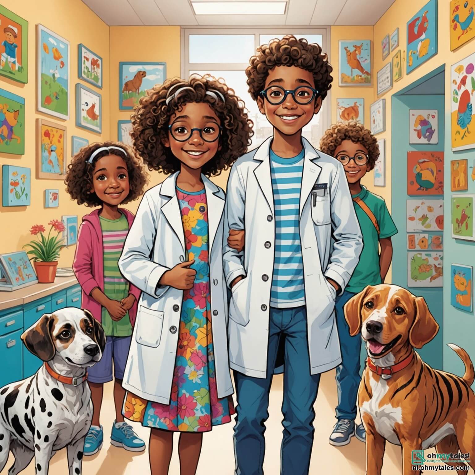 Une illustration destinée aux enfants représentant un homme au sourire chaleureux, vêtu d'une blouse blanche éclatante, se tenant dans une clinique animée où les murs sont ornés de dessins colorés d'animaux joyeux, entouré de deux enfants, une fille aux cheveux bouclés et une grande robe à fleurs, et un garçon aux lunettes rondes et au t-shirt rayé, tous deux impatients de voir leur chien aux grandes oreilles et leur chat aux yeux pétillants, tandis que des bruits de jappements et de miaulements résonnent dans l'air, créant une atmosphère à la fois accueillante et pleine de vie.