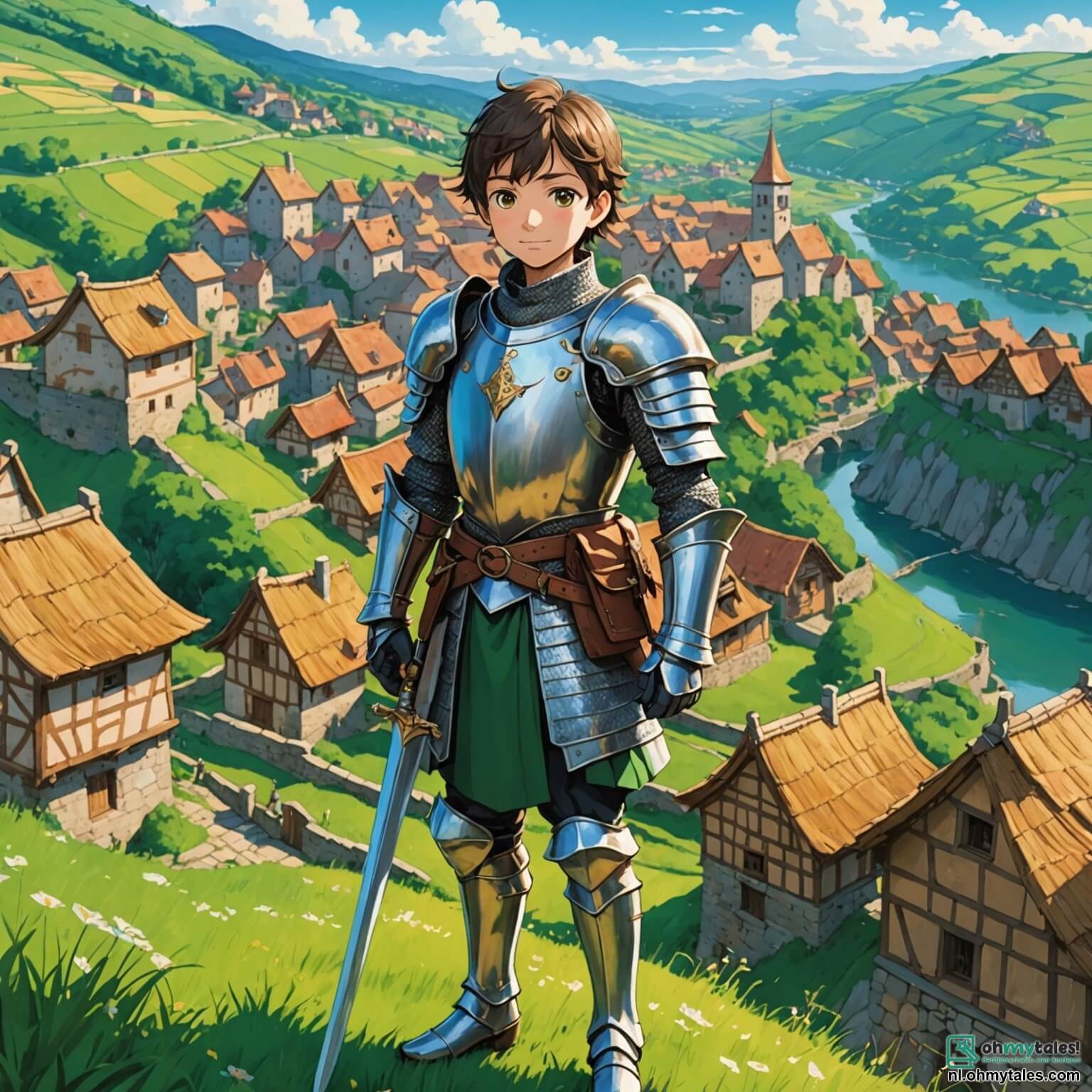 Une illustration destinée aux enfants représentant un courageux chevalier à l'armure scintillante, avec un cœur vaillant et des yeux pétillants de détermination, se tenant fièrement sur une colline verdoyante surplombant un village pittoresque aux maisons en pierre aux toits de chaume, où les villageois, un groupe de femmes aux robes colorées et d'enfants aux visages joyeux, s'affairent autour d'une grande fête pour célébrer leur liberté retrouvée après avoir été opprimés par un roi maléfique, tandis qu'à ses côtés, un jeune écuyer aux cheveux bouclés et aux yeux brillants d'admiration, prêt à l'aider dans cette aventure épique, se tient avec un sourire plein d'espoir, le tout baigné par la lumière dorée d'un soleil couchant illuminant le ciel de teintes orangées et roses.