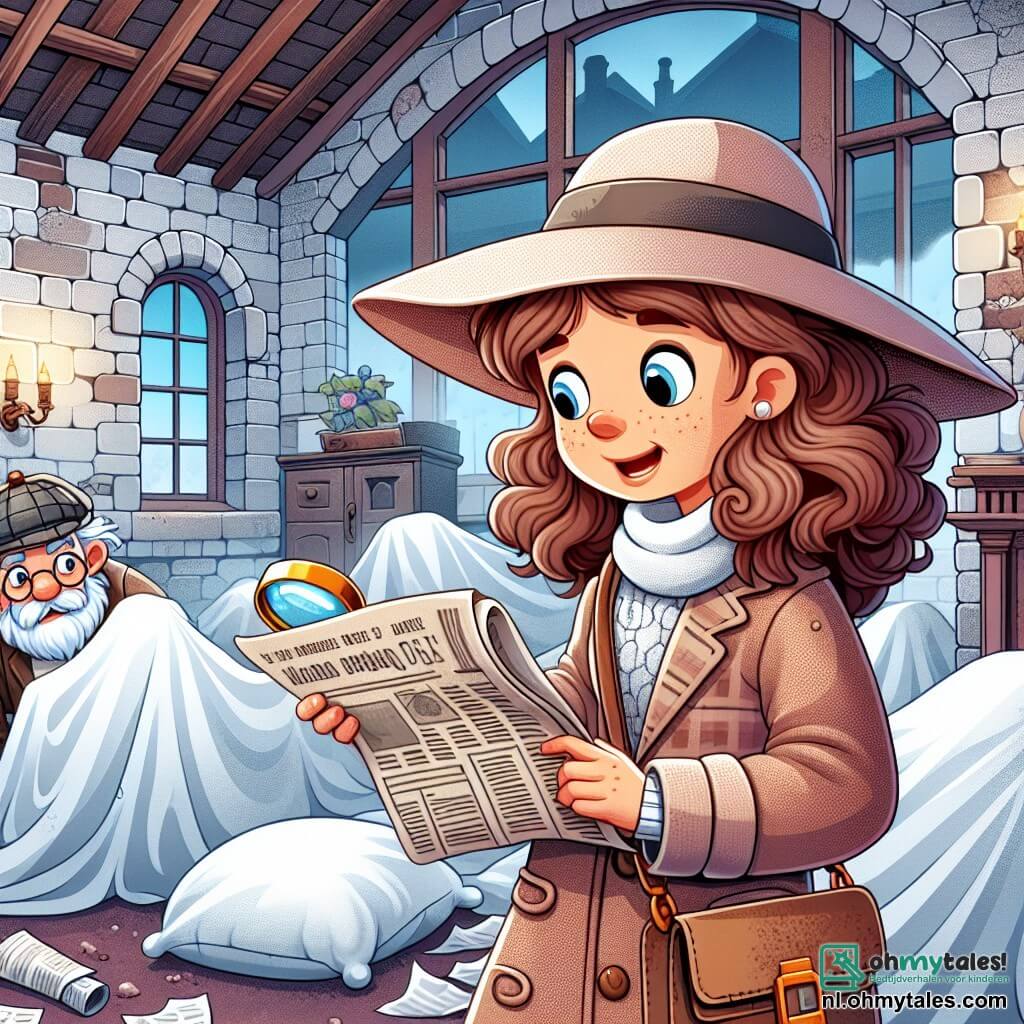 Une illustration sous forme de dessin destinée aux enfants représentant une vieille villa mystérieuse avec des murs en briques décolorées et des fenêtres poussiéreuses, où une femme courageuse aux cheveux bruns et bouclés, portant un grand chapeau et tenant une loupe, explore la pièce principale remplie de meubles recouverts de draps blancs, tandis qu'un vieux monsieur à la barbe grise, vêtu d'un pull en laine, l'observe avec curiosité, alors qu'ils découvrent ensemble un ancien journal caché dans un coin, symbole d'un mystère à résoudre.