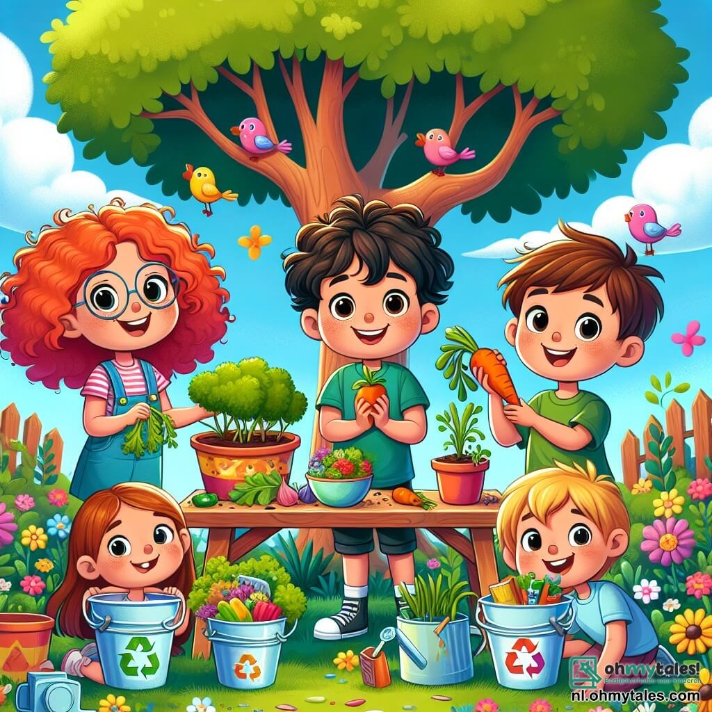 Illustratie van een zonnige scène in een groene tuin, vol kleurrijke bloemen en een grote houten tafel met verse salades en groenten. In het midden staan vier kinderen, twee meisjes en twee jongens van ongeveer zeven jaar. Een meisje met glanzend, krullend, rood haar glimlacht terwijl ze een vers geoogste wortel vasthoudt, terwijl het andere meisje, met een scheve bril, trots een klein potje met groene spruiten toont. Een jongen met bruin haar, met een stralende glimlach, houdt een emmer vol recyclebaar afval vast, en de laatste jongen, met blond haar, knielt om de planten water te geven met een kleurrijke gieter. Op de achtergrond is er een grote majestueuze eik te zien, en vogels zingen in de takken, wat een levendige touch toevoegt aan deze vrolijke en ecologisch betrokken scène. Kleurige posters over recycling en milieubescherming hangen rond de tuin, wat het belang van hun missie benadrukt.