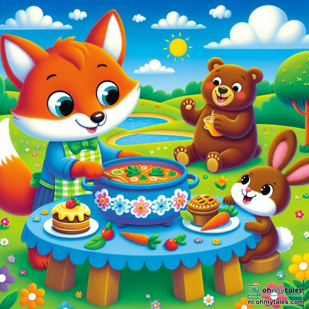 Une illustration sous forme de dessin destinée aux enfants représentant un vaste champ verdoyant sous un ciel bleu éclatant, où un renard rusé à la fourrure orange vif et aux yeux malicieux prépare une bessenstoofpot sur une table décorée de fleurs colorées, tandis qu'un ours au pelage brun, souriant et tenant une grande tarte au miel, et un lapin aux grandes oreilles, joyeux avec une assiette de gâteau aux carottes, l'observent avec enthousiasme, tous réunis pour une amusante compétition culinaire entre amis.