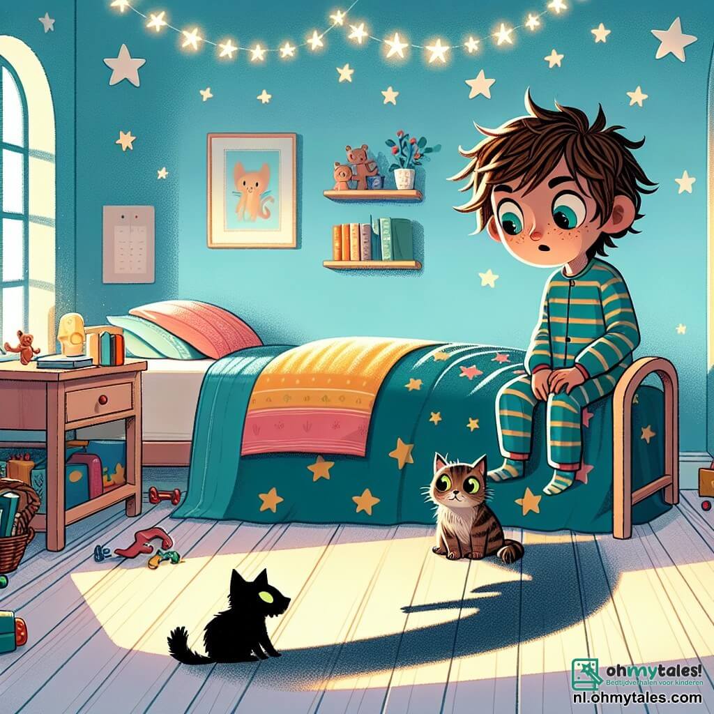Illustratie van een warme en uitnodigende kinderkamer, met pastelblauwe muren en fonkelende sterren op het plafond. Een knus bed is bedekt met een kleurrijke dekbed, en speelgoed ligt verspreid op de lichte houten vloer. In een hoek tekent zich een mysterieuze schaduw af, wat een indruk van beweging geeft. Een jongen van 11 jaar, met rommelig bruin haar en nieuwsgierige ogen, zit op zijn bed in een gestreepte pyjama. Hij kijkt met een uitdrukking van zowel bezorgdheid als vastberadenheid naar de donkere schaduw in de hoek van de kamer. Naast hem ligt een klein katje met gestreepte vacht en heldergroene ogen tegen hem aan, wat een gevoel van troost biedt. De hoofdsetting toont de jongen die zijn moed verzamelt om de schaduw aan te spreken, die hij "Schaduwvriend" heeft genoemd. De sfeer is zowel gespannen als hoopvol, en illustreert het moment waarop hij begint zijn angst voor het donker te overwinnen. Extra grafische elementen zijn een zachte nachtlamp die een rustgevend licht uitstraalt en vormen op de muren projecteert, en enkele verspreide prentenboeken op de vloer, die de verbeelding en troost symboliseren.
