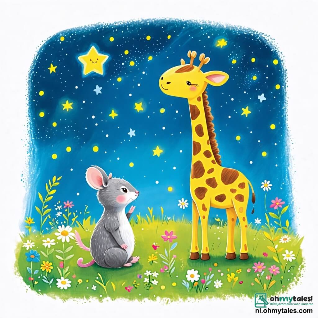 Une illustration sous forme de dessin destinée aux enfants représentant une vaste prairie verdoyante sous un ciel étoilé, où une grande girafe au pelage tacheté de jaune et de brun se tient sur ses pattes élancées, levant la tête avec émerveillement vers une étoile scintillante, tandis qu'à ses pieds, un petit rongeur aux yeux pétillants et au pelage gris, avec une petite queue enroulée, l'observe avec curiosité, illustrant leur rêve partagé de toucher les étoiles, entourés de fleurs colorées et d'une douce brise nocturne.