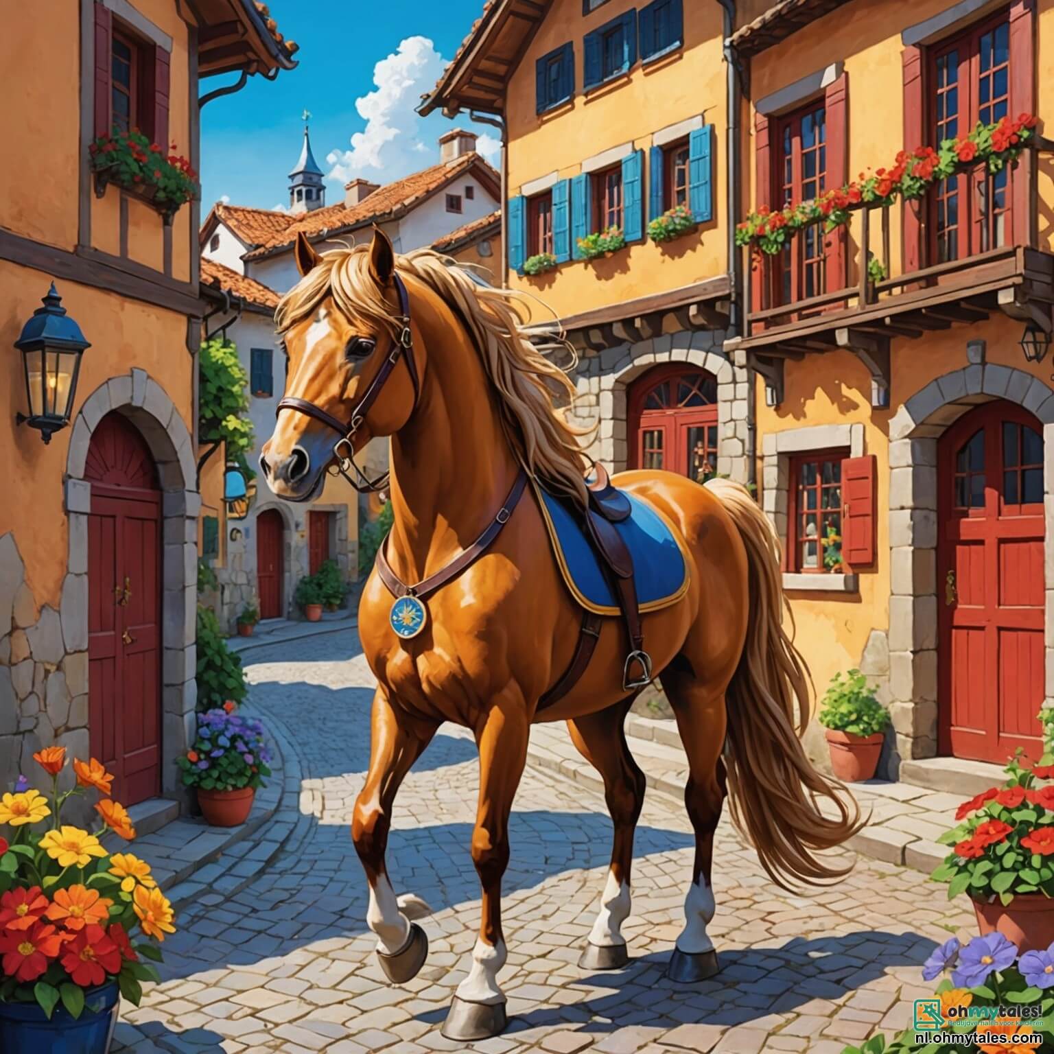 Une illustration destinée aux enfants représentant un majestueux cheval au pelage brun doré, avec une crinière flottante comme des vagues de caramel au vent, se tenant fièrement au milieu d'un village pittoresque où les maisons colorées, aux toits en tuiles rouges et aux volets bleus, s'alignent le long de ruelles pavées bordées de fleurs éclatantes et de ruisseaux scintillants, tandis qu'il s'apprête à vivre une journée pleine de rires et d'aventures avec son ami espiègle, un canard au plumage jaune vif, dans un parc animé où les cris joyeux des autres animaux résonnent sous le ciel azur parsemé de nuages cotonneux.