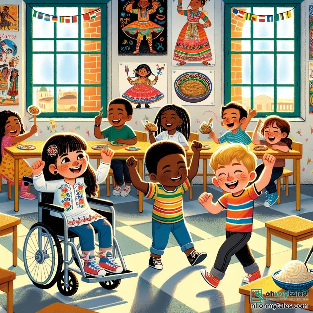 Illustratie van een kleurrijk klaslokaal in een cultureel centrum, met muren versierd met tekeningen van culturen over de hele wereld. In het midden is een groep van drie kinderen verzameld. Een meisje van ongeveer 7 jaar, met bruin haar en een grote glimlach, zit in een rolstoel, met haar armen enthousiast in de lucht. Naast haar staat een jongen van 6 jaar, met zwart haar en sprankelende ogen, die een kleurrijk t-shirt draagt en glimlachend een denkbeeldig bord couscous toont. Ten slotte danst een jongen van 7 jaar, met rood haar en sproeten, vrolijk met bewegende armen. Op de achtergrond illustreren posters typische dansen en gerechten uit verschillende landen, terwijl een groot raam zonlicht binnenlaat en een warme sfeer creëert. De kinderen dansen samen, vieren diversiteit en vriendschap, met lachbuien en blije gezichten.