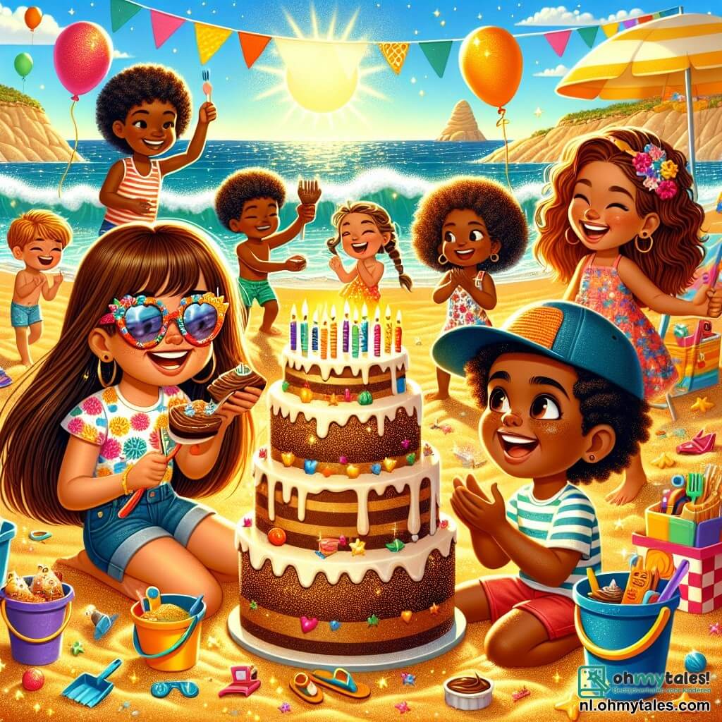 Illustratie die een vrolijke scène op een zonnig strand weergeeft. Het gouden zand glinstert in de zon, en zachte golven breken op de kust, wat een zomerse sfeer creëert. In het midden van de afbeelding staat een achtjarig meisje met lange bruine haren en kleurrijke zonnebril, dat glimlacht terwijl ze een stuk chocoladecake met kaarsjes vasthoudt. Naast haar staat een ander achtjarig meisje met krullend haar en een bloemenjurk, dat enthousiast applaudisseert. Een zevenjarig jongetje met een pet en een gestreept t-shirt bouwt een groot zandkasteel, met emmers en scheppen om hem heen. Op de achtergrond speelt een groep kinderen in het water, terwijl een kleurrijke vlag bovenop het zandkasteel wappert. Multicolore ballonnen en een grote picknickdeken met lekkernijen voegen een feestelijke sfeer toe aan deze magische verjaardags scène op het strand.