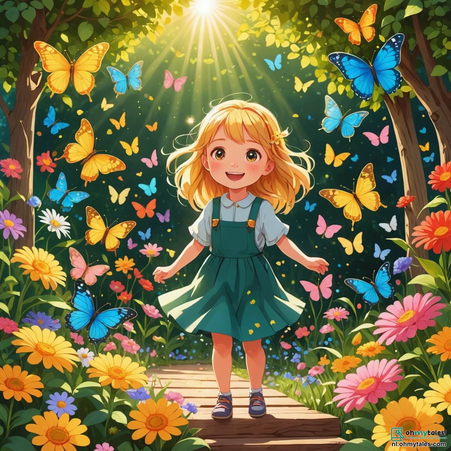 Une illustration destinée aux enfants représentant une petite fille aux cheveux dorés comme les rayons du soleil, avec des yeux pétillants de curiosité et un sourire éclatant, se tenant au centre d'une scène vibrante et colorée d'un jardin fleuri où les papillons dansent autour des fleurs éclatantes, tandis qu'elle se prépare à monter sur un podium en bois décoré de guirlandes de fleurs pour participer à une talentueuse compétition de chant, entourée de ses amis, une autre fille au visage joyeux et une petite fille aux cheveux bruns qui l'encouragent avec des cris d'enthousiasme, tandis que des parents et des enfants curieux, tous captivés par l'événement, remplissent le lieu de rires et d'applaudissements, créant une atmosphère chaleureuse et pleine d'espoir où la confiance en soi prend son envol.