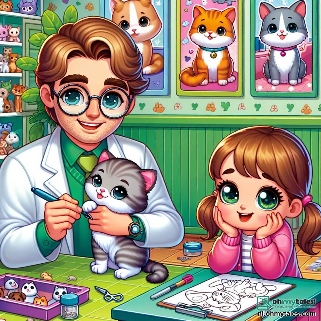 Une illustration sous forme de dessin destinée aux enfants représentant une clinique vétérinaire colorée avec des murs peints en vert et des posters d'animaux accrochés, où un homme au sourire chaleureux, portant une blouse blanche et des lunettes, examine attentivement une petite kitten grise dans ses bras, tandis qu'une fille aux cheveux bruns et aux yeux pétillants, tenant un carnet de croquis, observe avec émerveillement, capturant ce moment de soin et d'amour pour les animaux, entourés de jouets pour animaux et de plantes vertes.