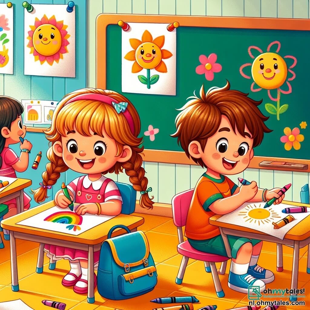 Une illustration sous forme de dessin destinée aux enfants représentant une salle de classe colorée et accueillante, avec des murs décorés de dessins d'enfants, où un garçon de 3 ans aux cheveux bruns et bouclés, portant un t-shirt rouge et un petit sac à dos bleu, est assis à une table en train de colorier un grand soleil avec des crayons, tandis qu'une fille de 4 ans aux cheveux blonds tressés, vêtue d'une robe rose, sourit en montrant son dessin d'une fleur, et un garçon de 5 ans aux cheveux châtains et aux lunettes, habillé d'un t-shirt vert, observe avec curiosité, illustrant la joie et l'excitation de leur première journée d'école ensemble.